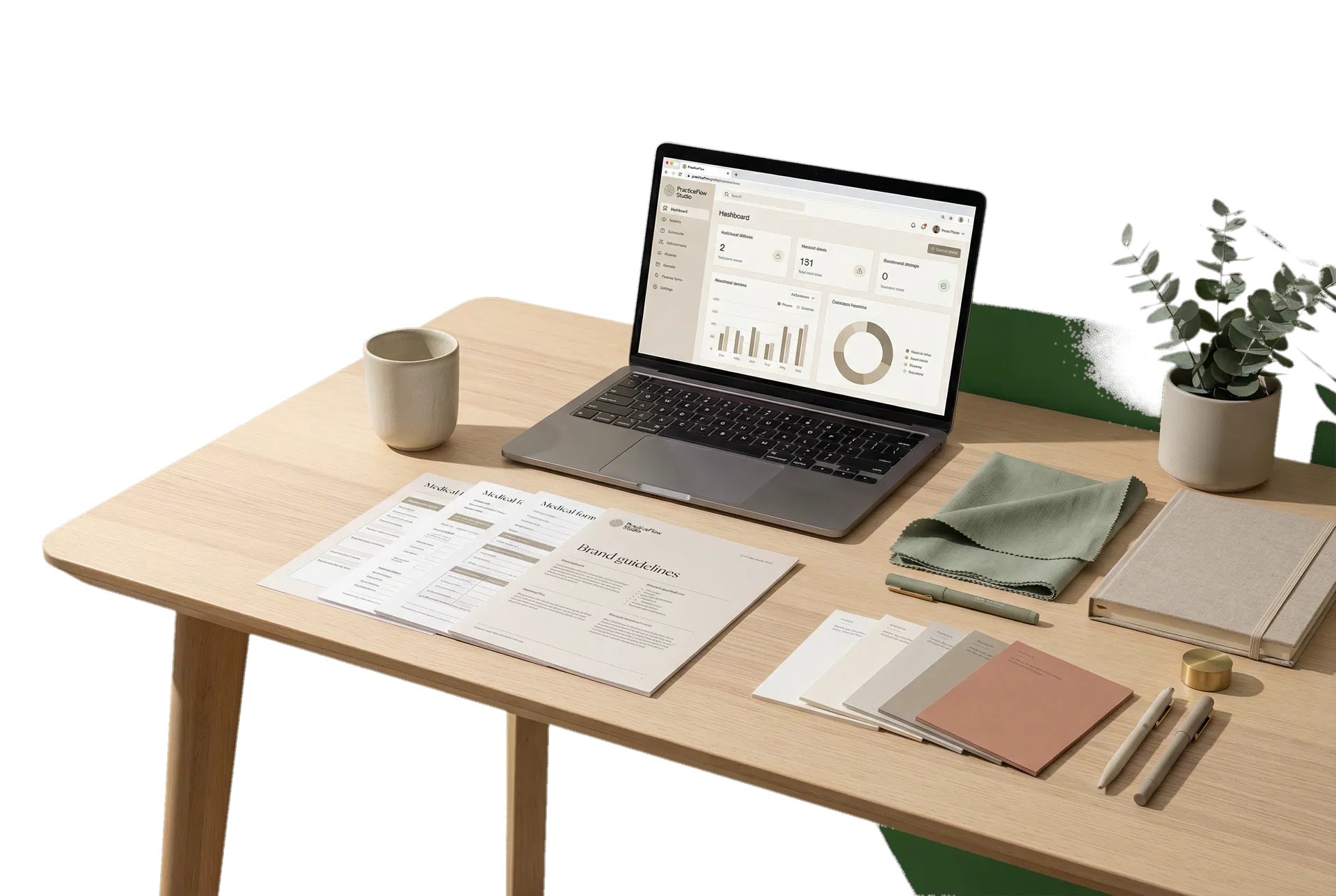 PracticeFlow Studio workspace scene with laptop, printed documents, and neutral editorial styling