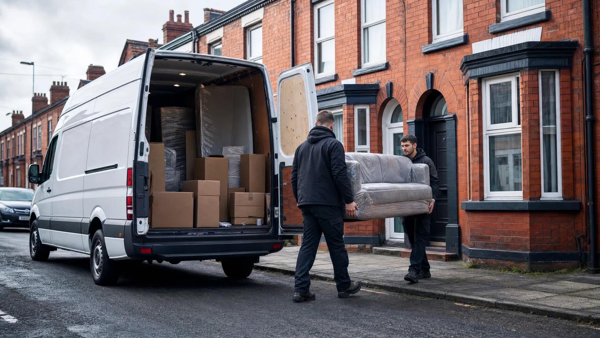 Get It and Move It team loading a white Transit van on a Liverpool street