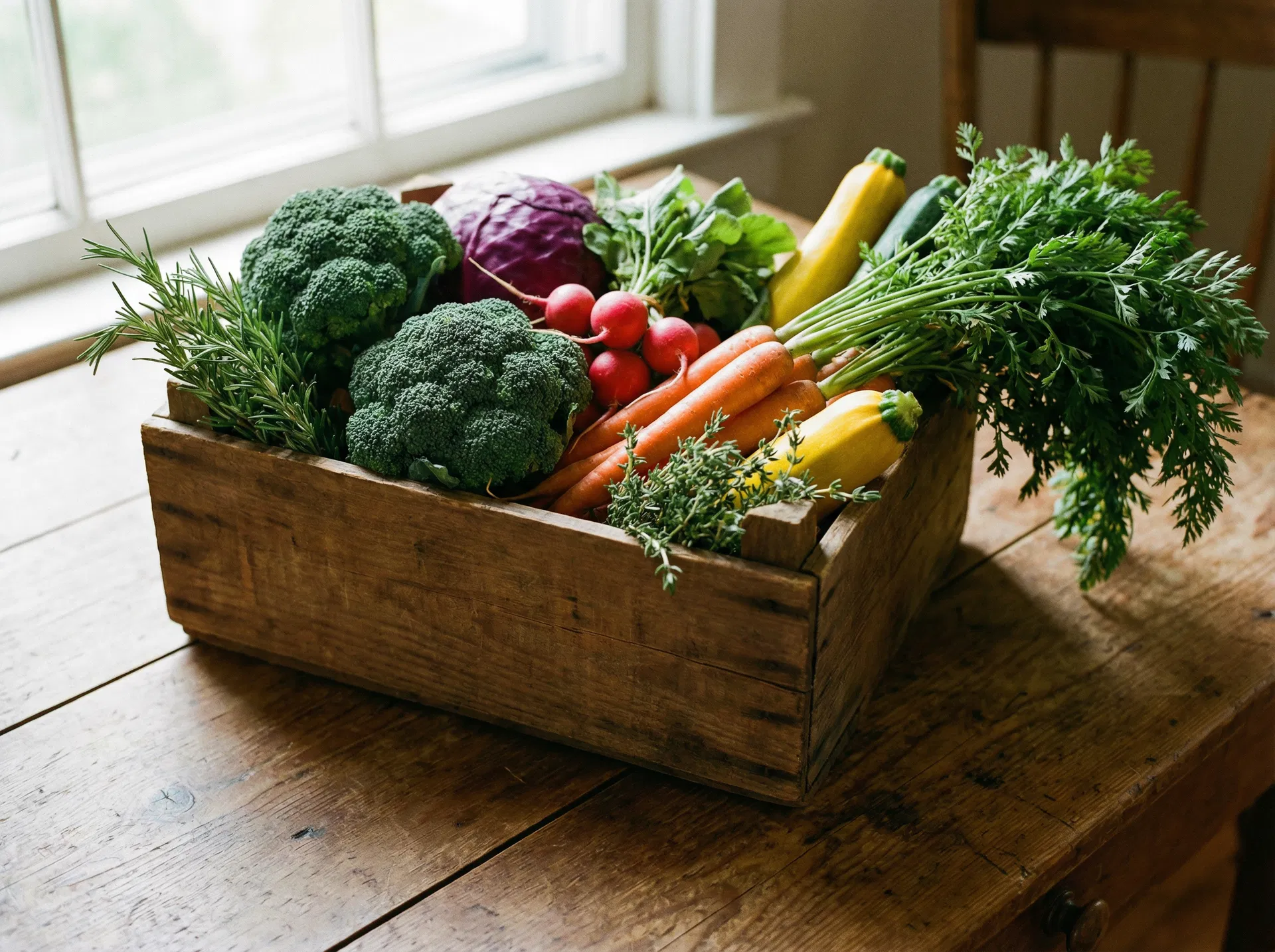 Fresh vegetables in a wooden crate
