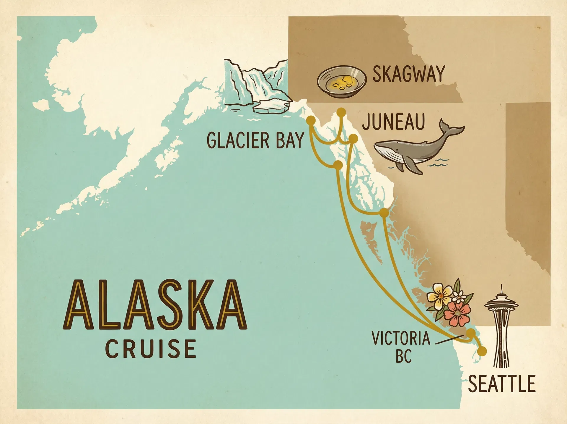 Alaska cruise route map showing Seattle, Victoria, Juneau, Skagway, and Glacier Bay