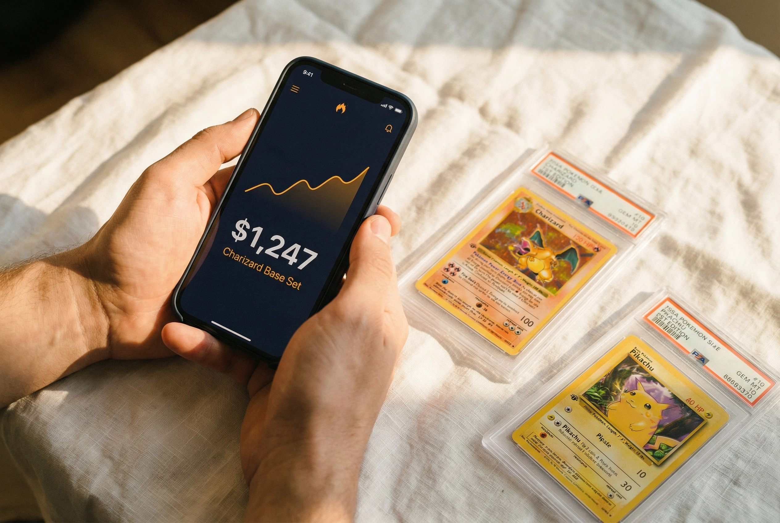 Phone showing card price analytics with PSA graded cards