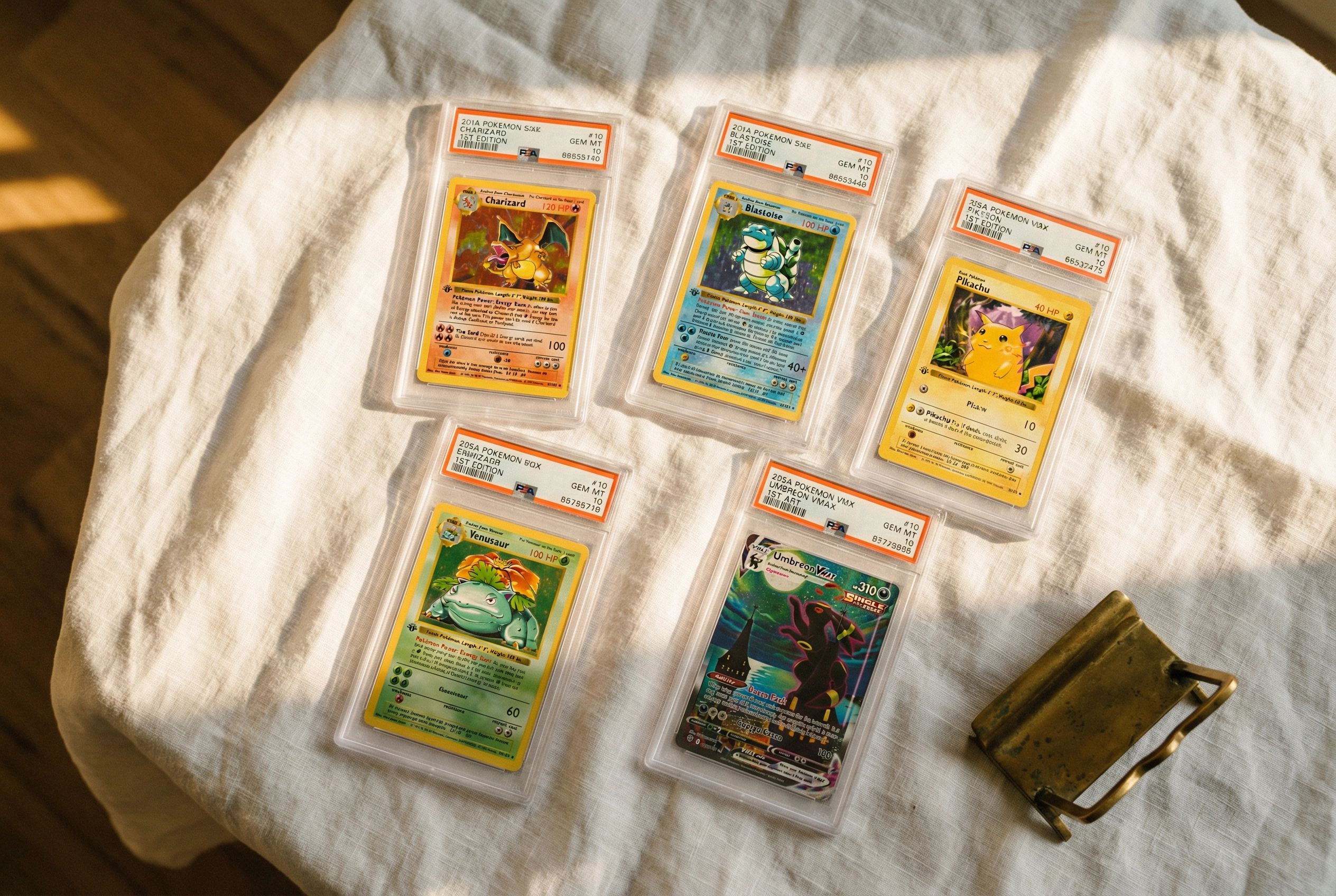 PSA graded Pokémon cards on white linen