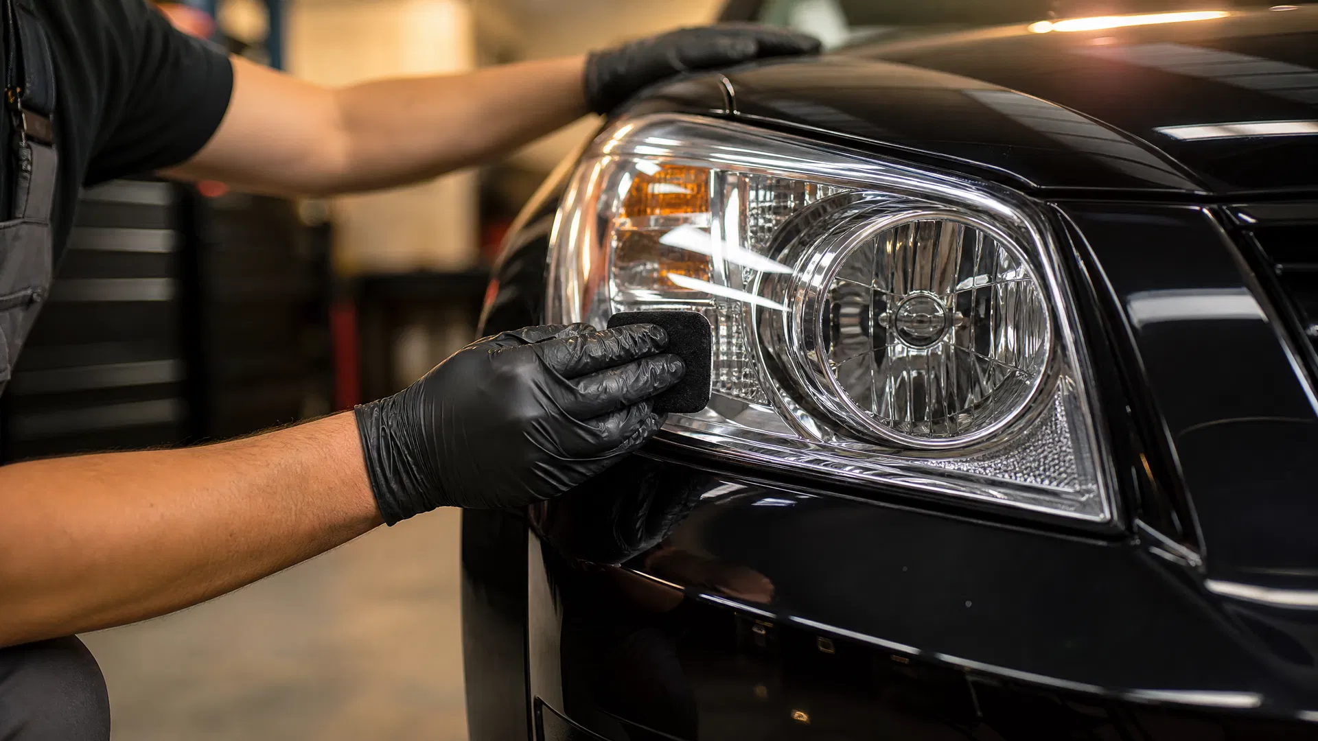 Professional automotive technician applying UV protective ceramic coating to a freshly restored crystal-clear car headlight using a microfiber applicator
