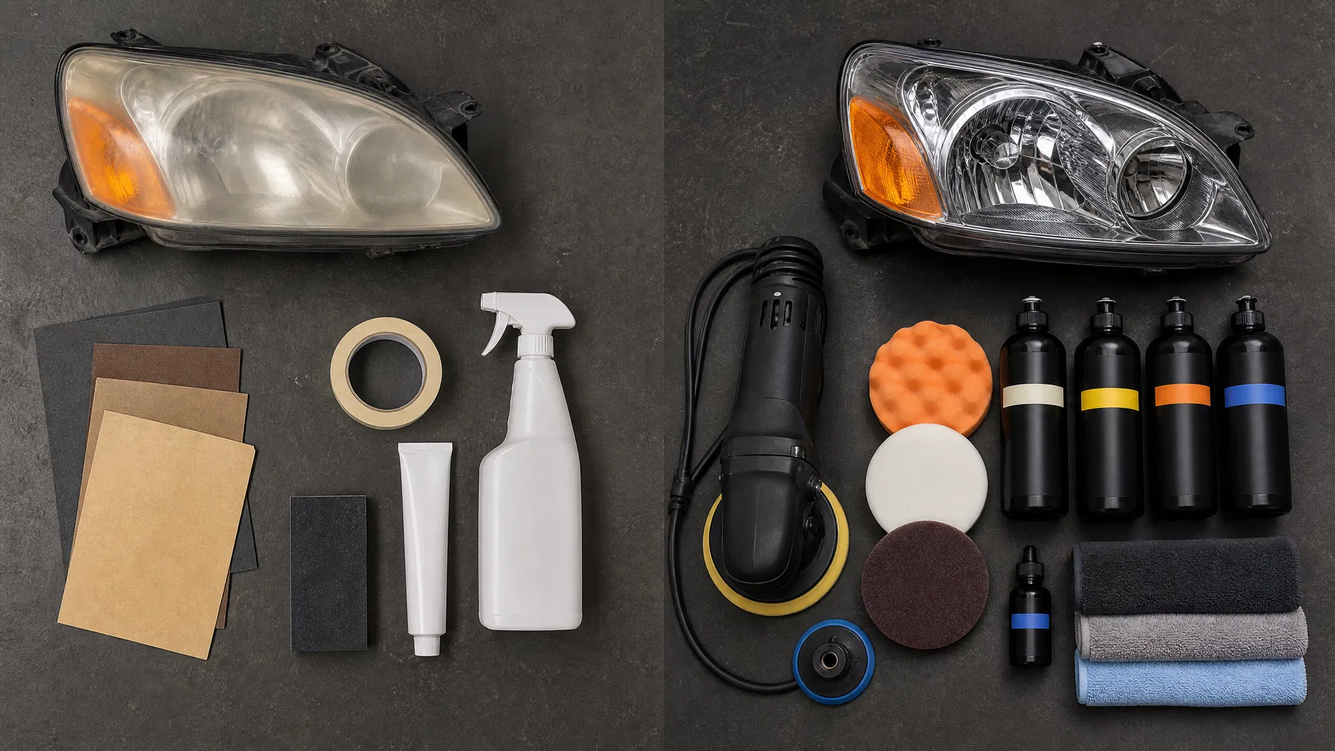 Side-by-side comparison of a basic DIY headlight restoration kit with sandpaper and spray bottle versus a professional toolkit with orbital polisher and ceramic coating compounds
