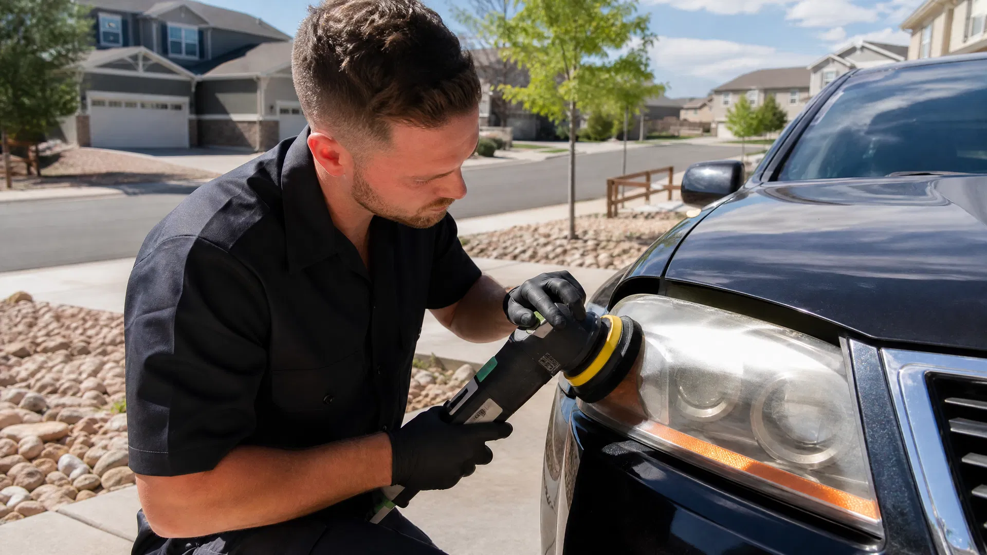 Professional mobile headlight restoration technician using an orbital polisher on a car headlight in a suburban Denver residential driveway