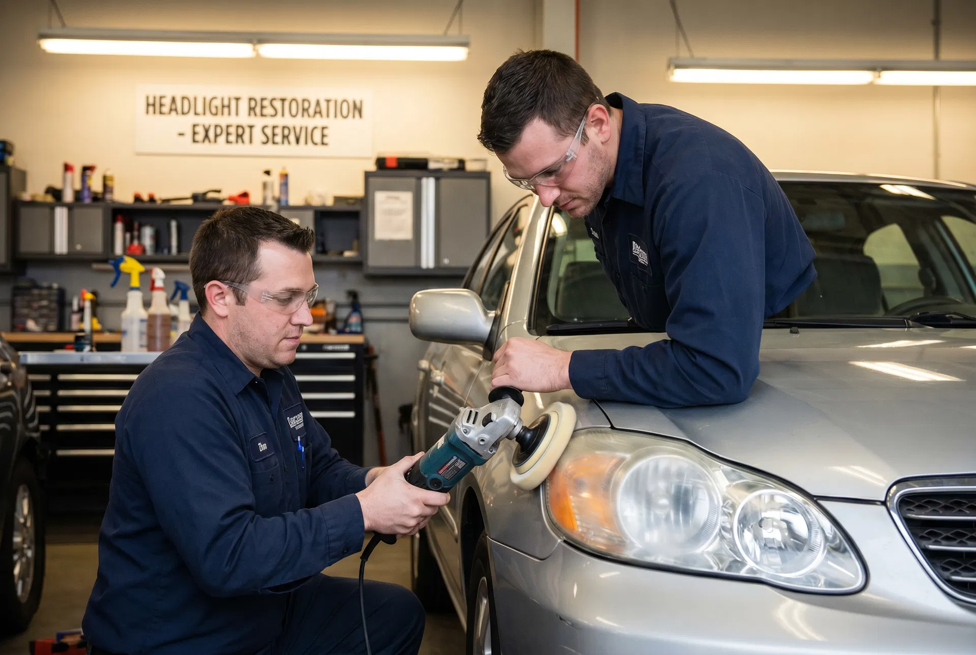 Professional headlight restoration technician working in Denver, CO