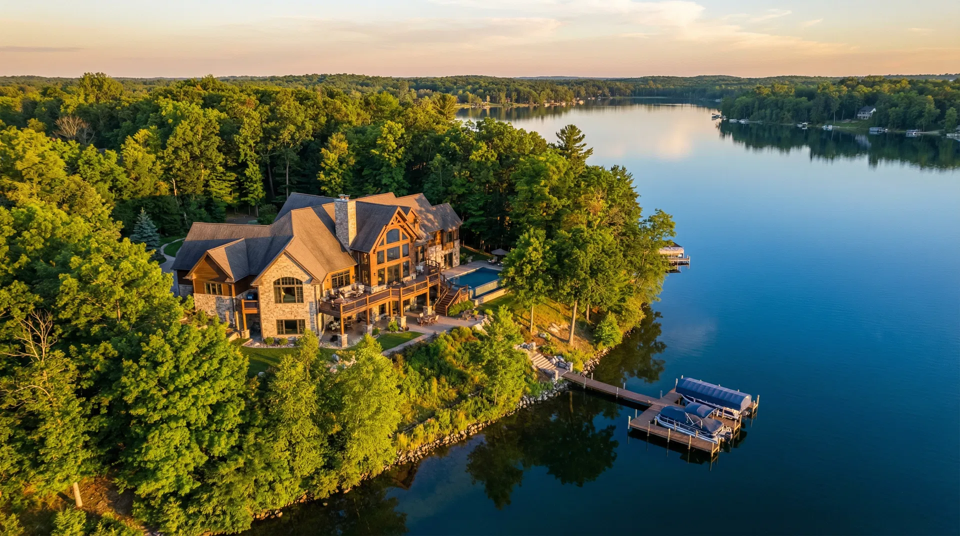 Aerial drone photography of lakefront property
