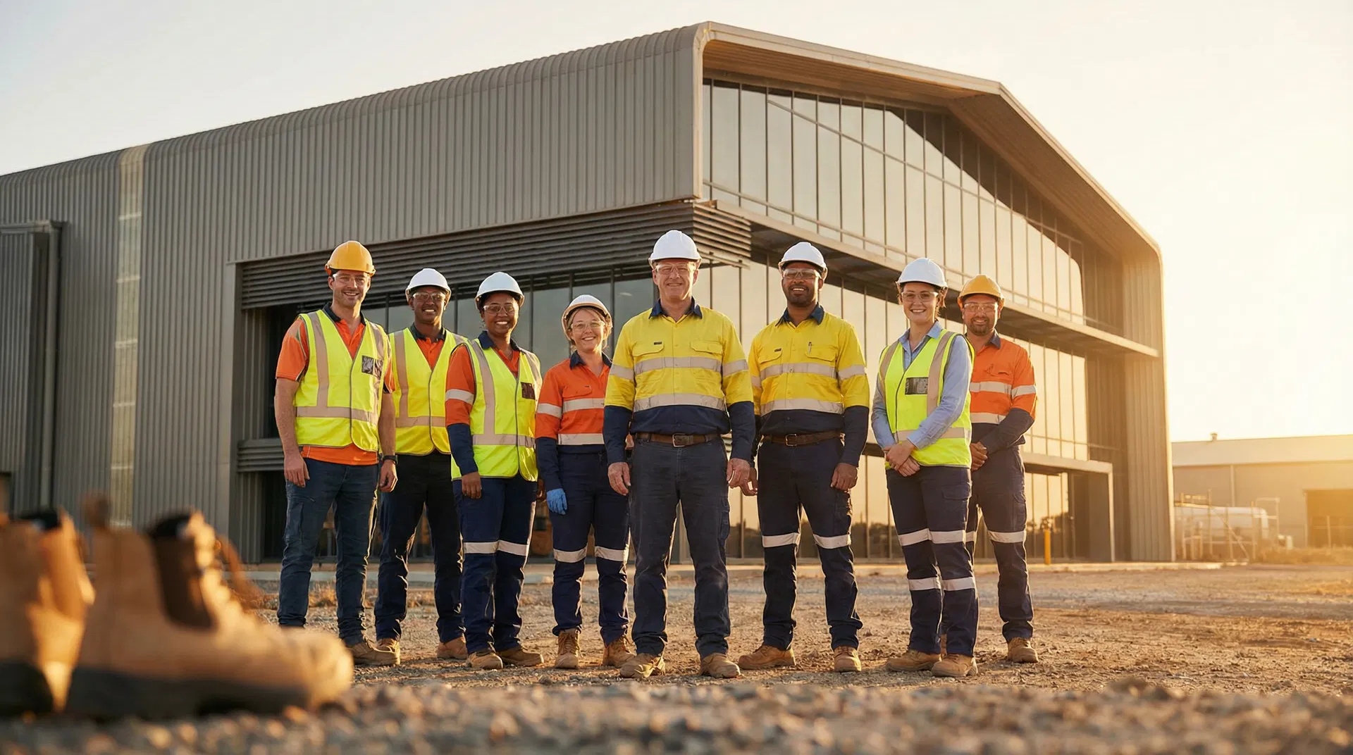 Manufacturing workers standing confidently outside their plant