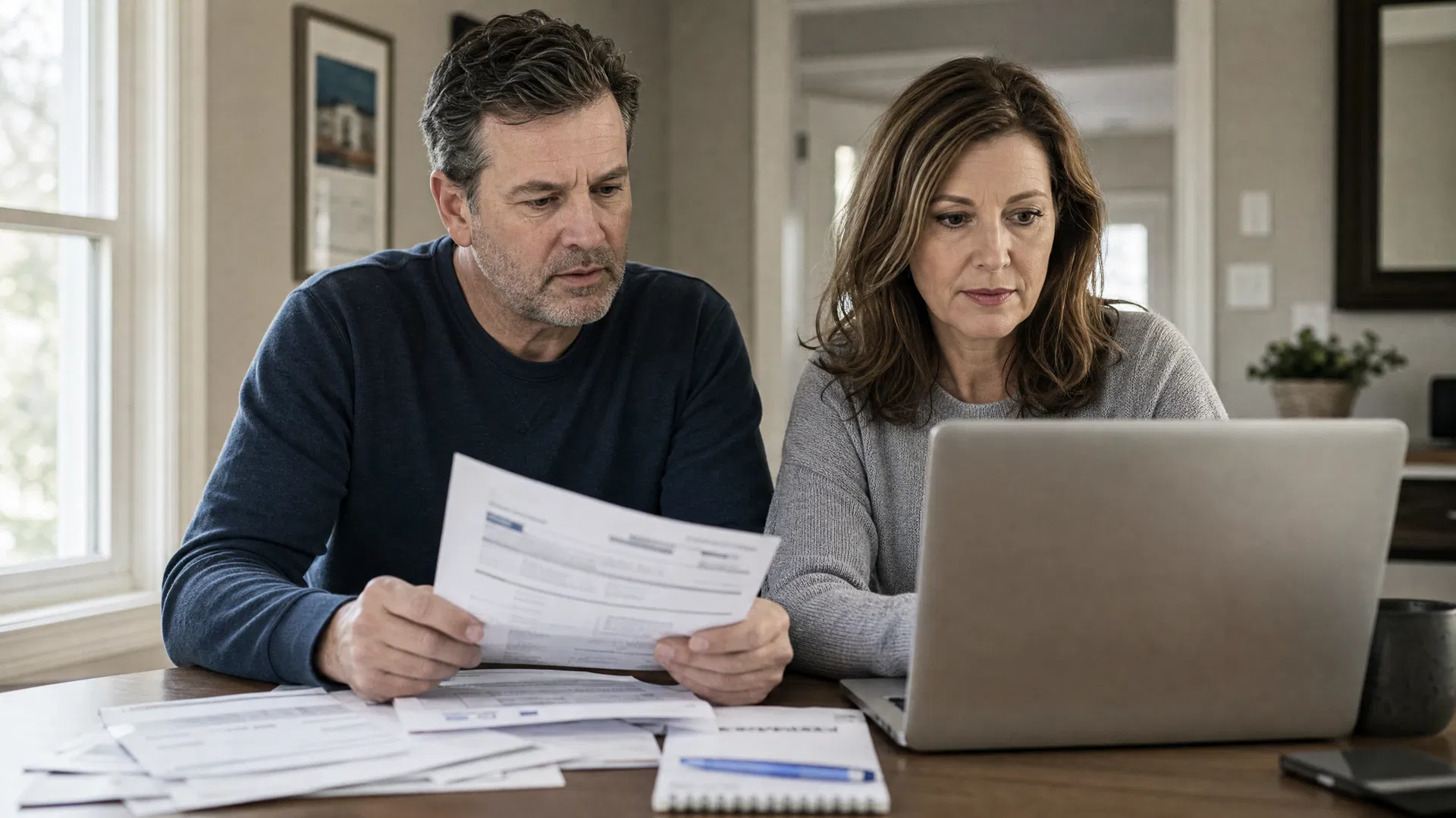 Couple reviewing financial documents at home