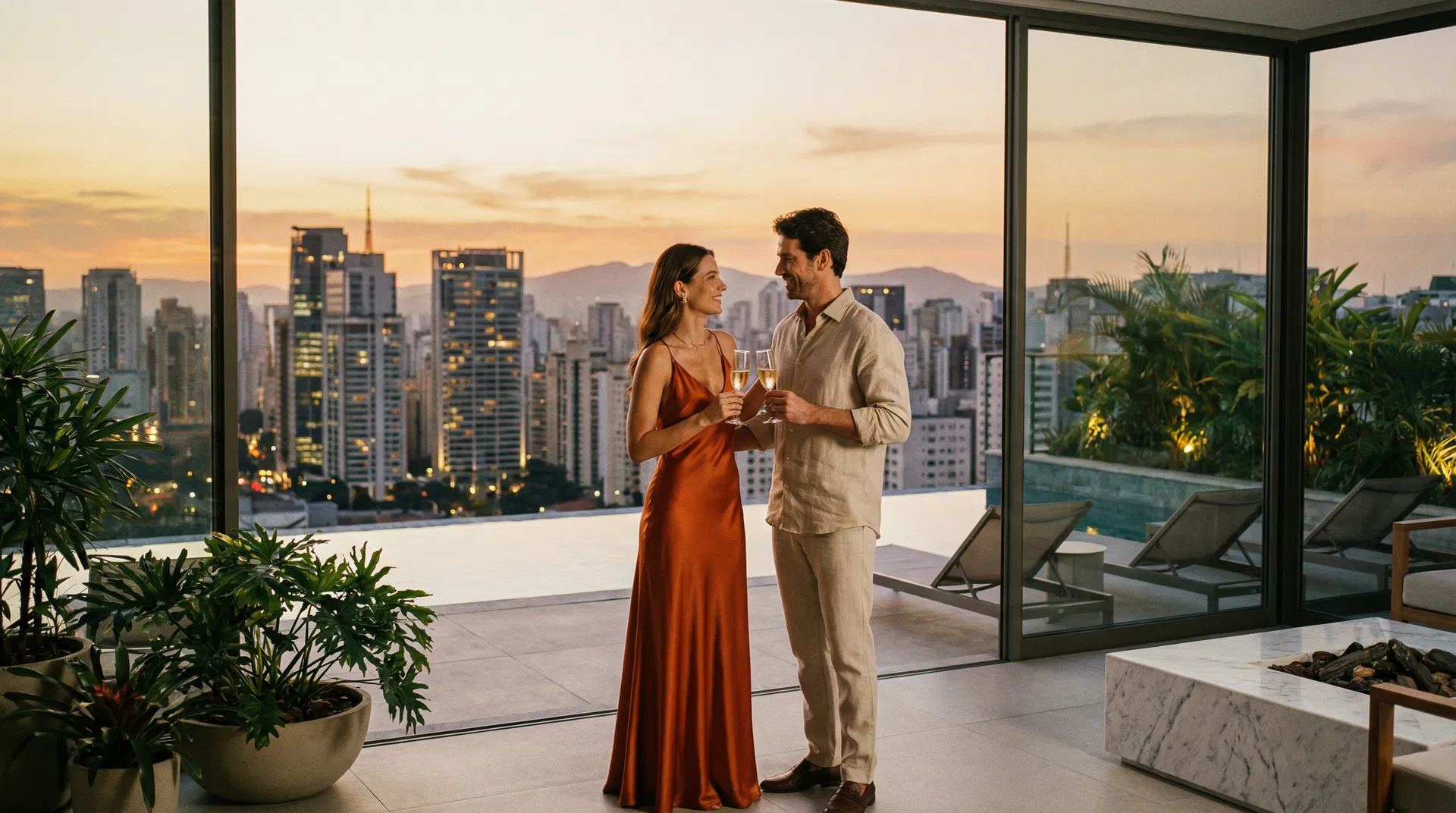 Casal em terraço de penthouse premium com vista para São Paulo