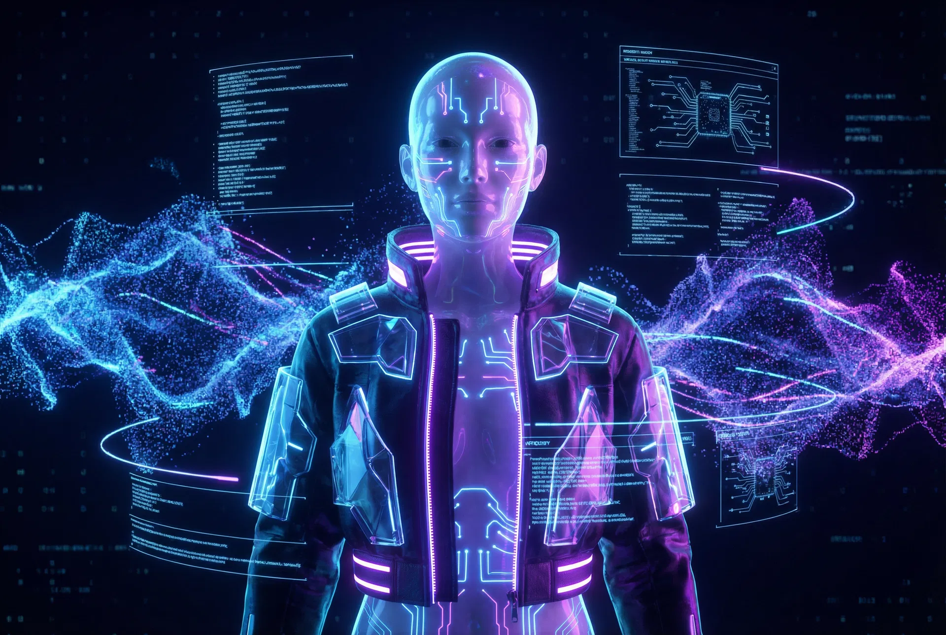 Futuristic AI-generated digital avatar with neon glow