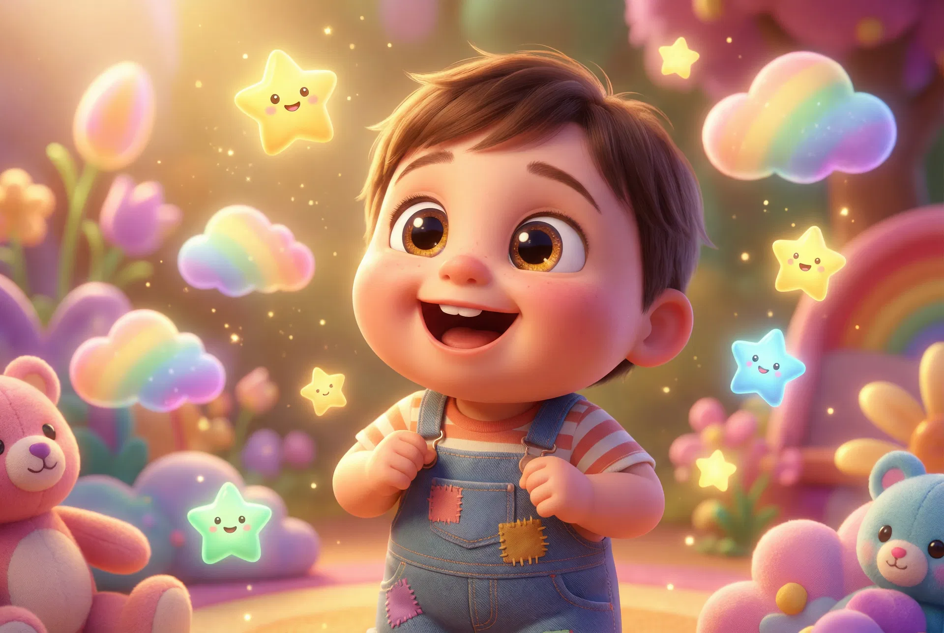 Cute Pixar-style 3D animated child character in a colorful world