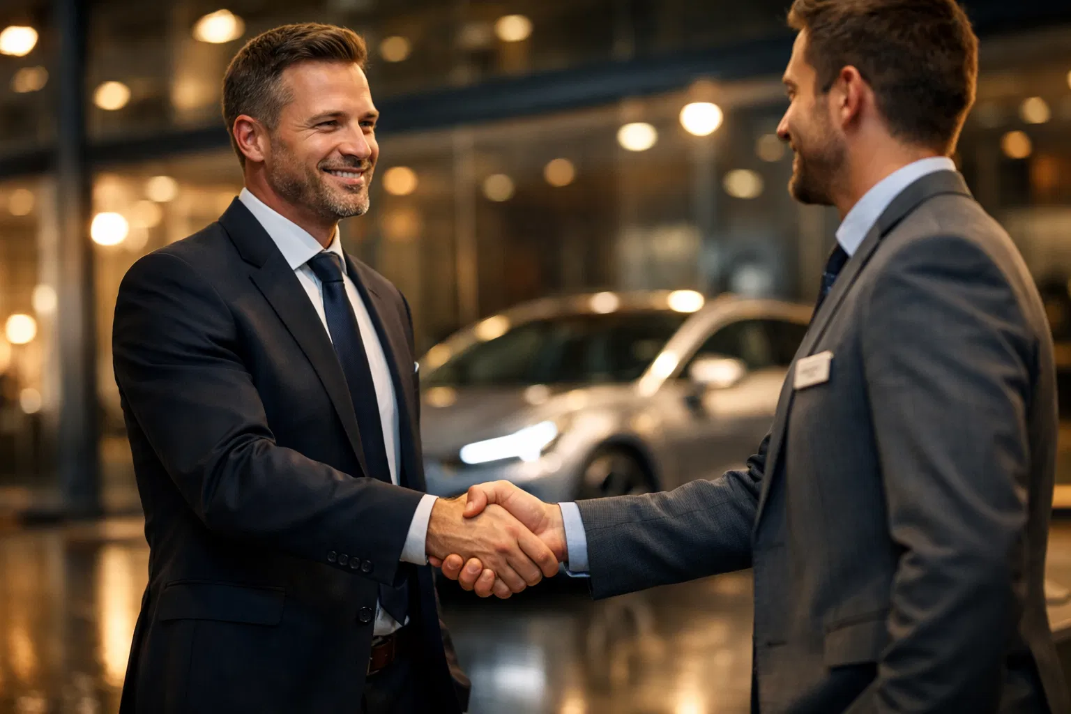 Professional handshake sealing a deal in a car showroom