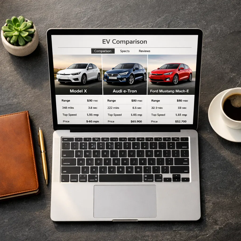 EV comparison dashboard on a laptop