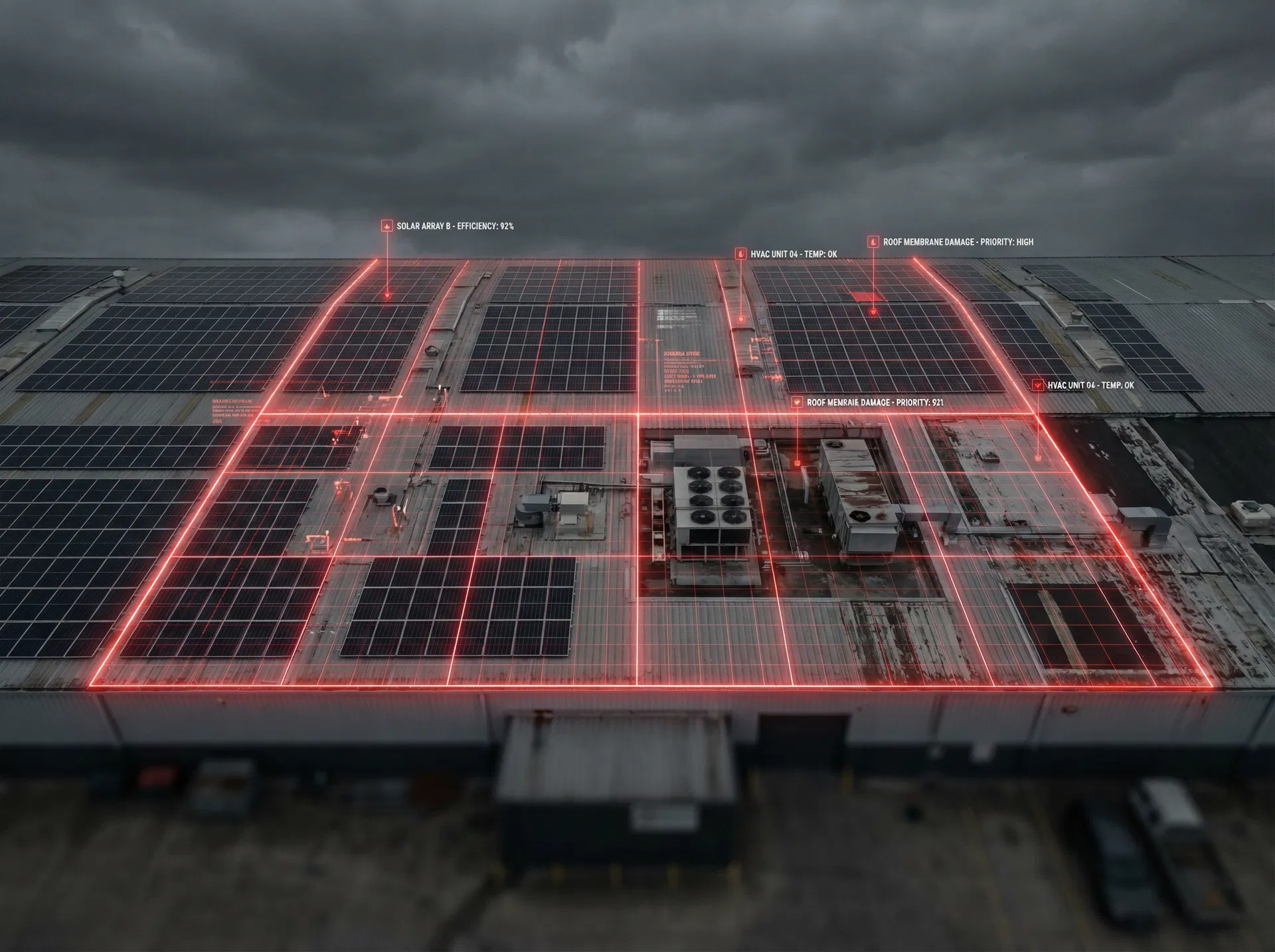 Drone aerial survey of commercial rooftop with scanning overlay