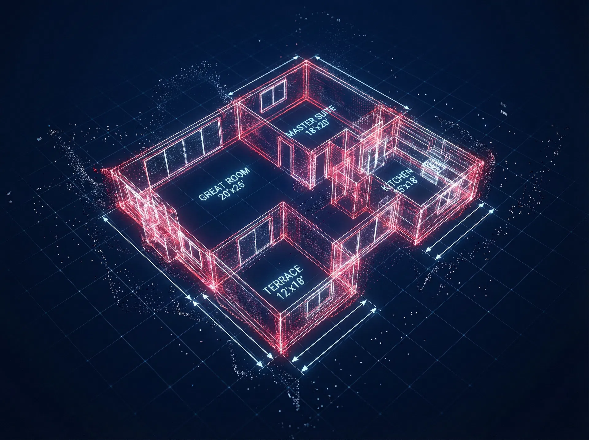 3D wireframe floor plan with LIDAR data