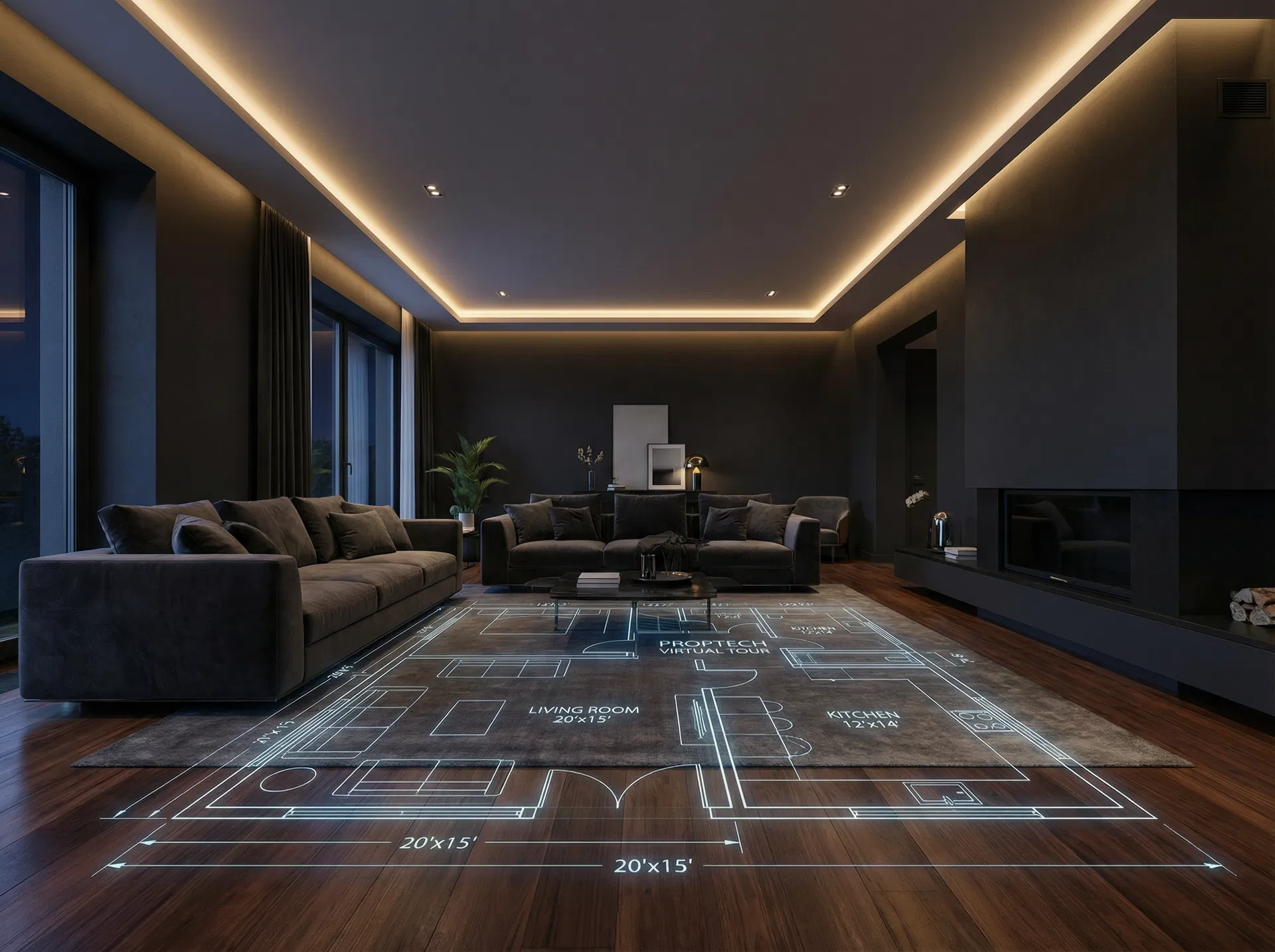 Luxury home interior with floor plan overlay