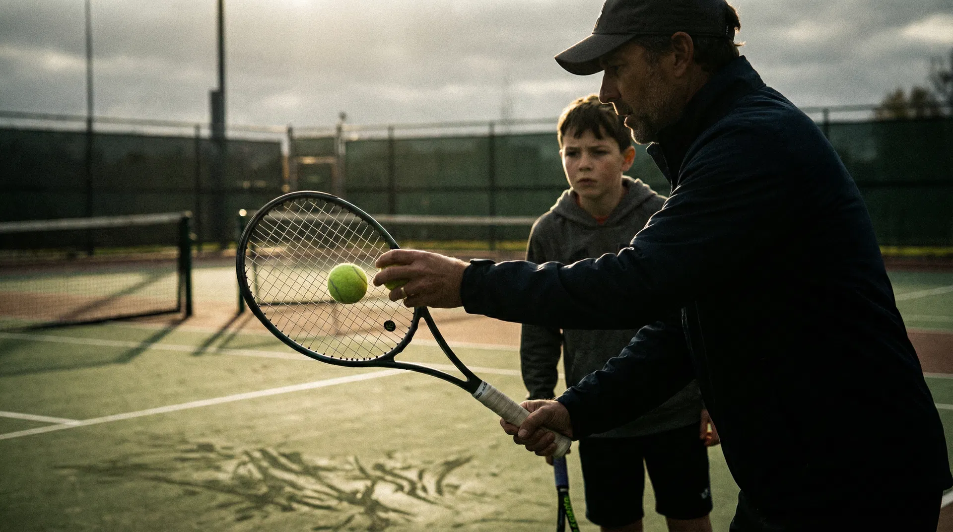 Entrenador enseñando técnica de tenis