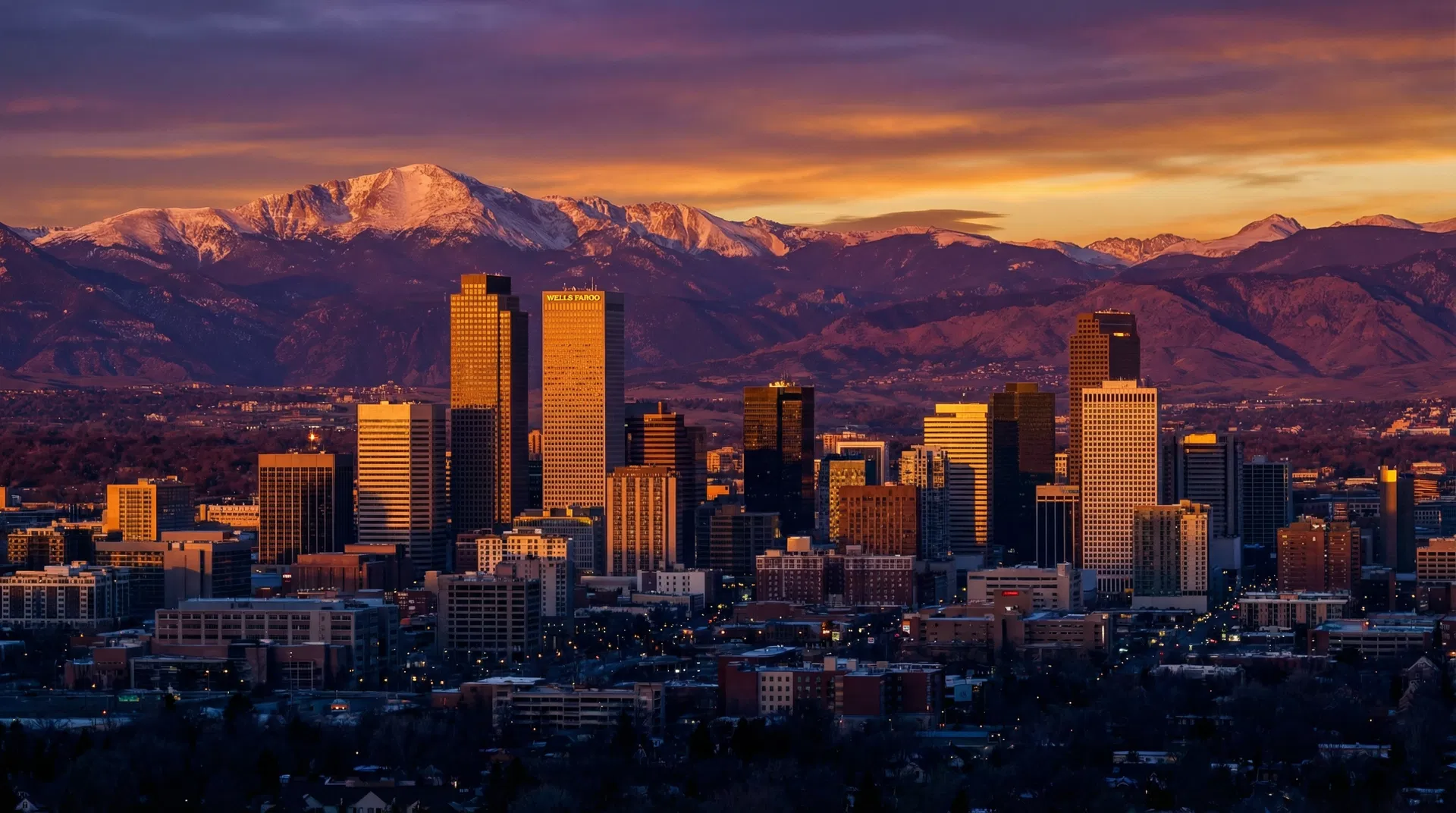 Denver Colorado skyline at golden hour
