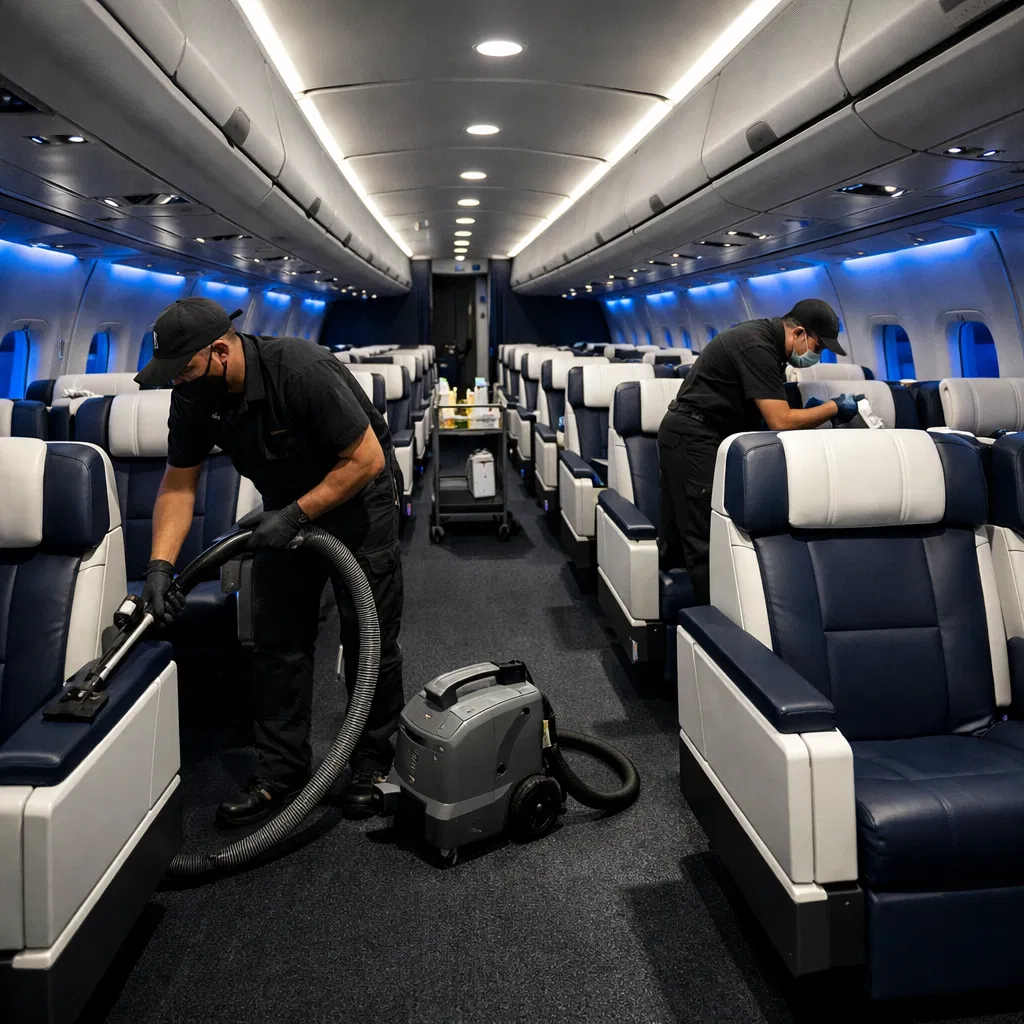 Professional aircraft cabin cleaning crew at work