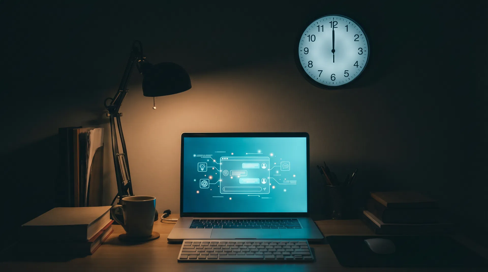 24/7 support concept with clock and digital HR assistant interface