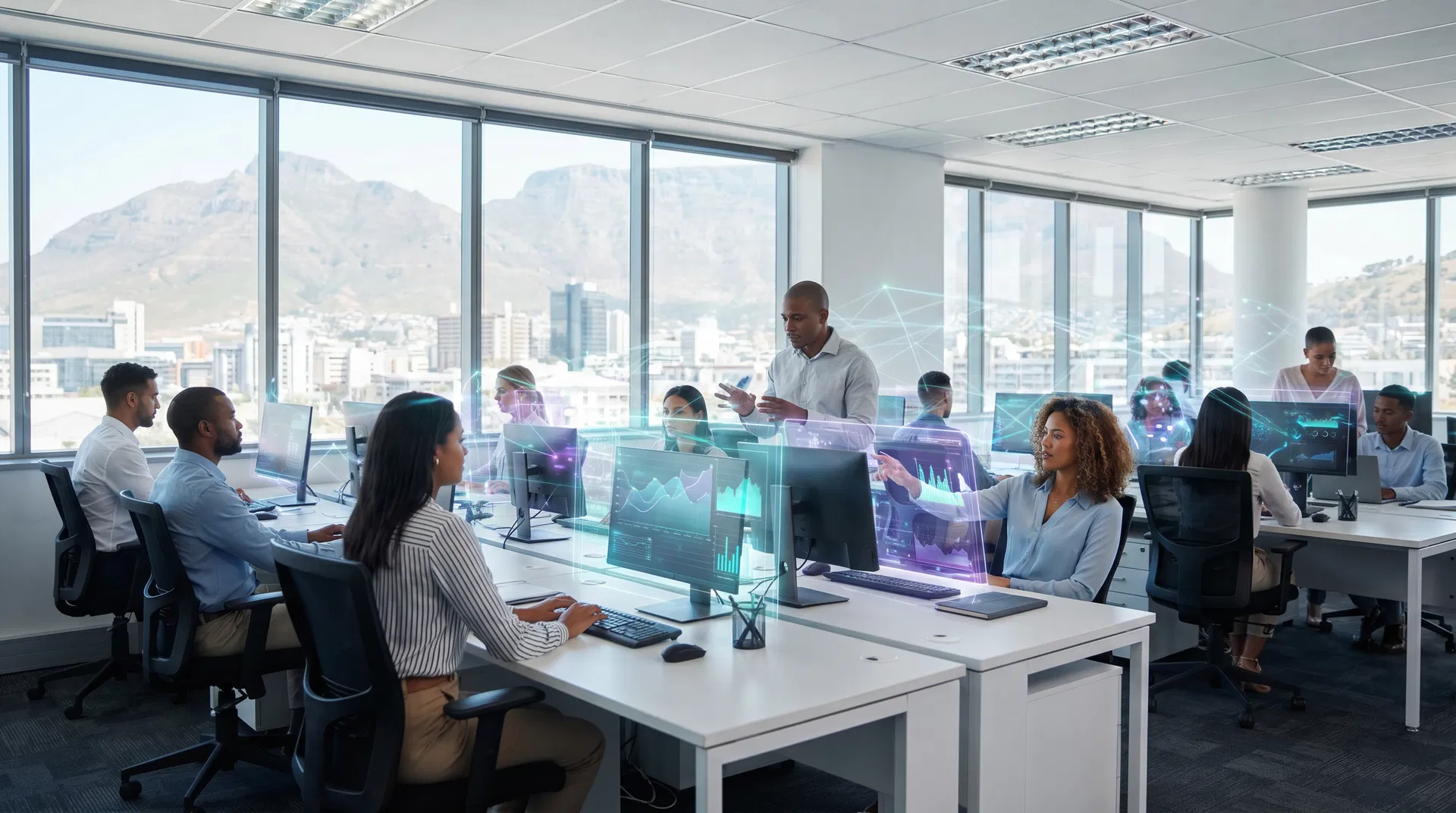 Modern South African office with AI technology and diverse team collaboration