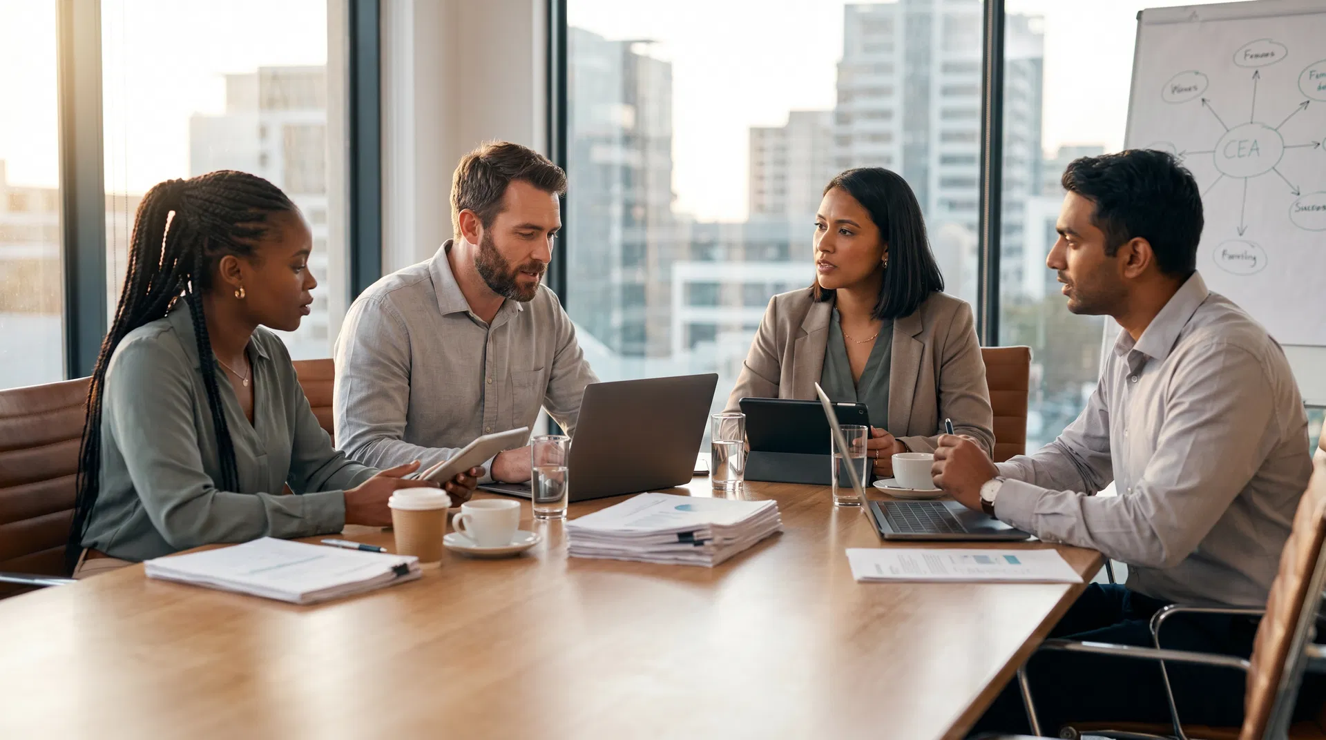 South African office workers discussing leave policy documents