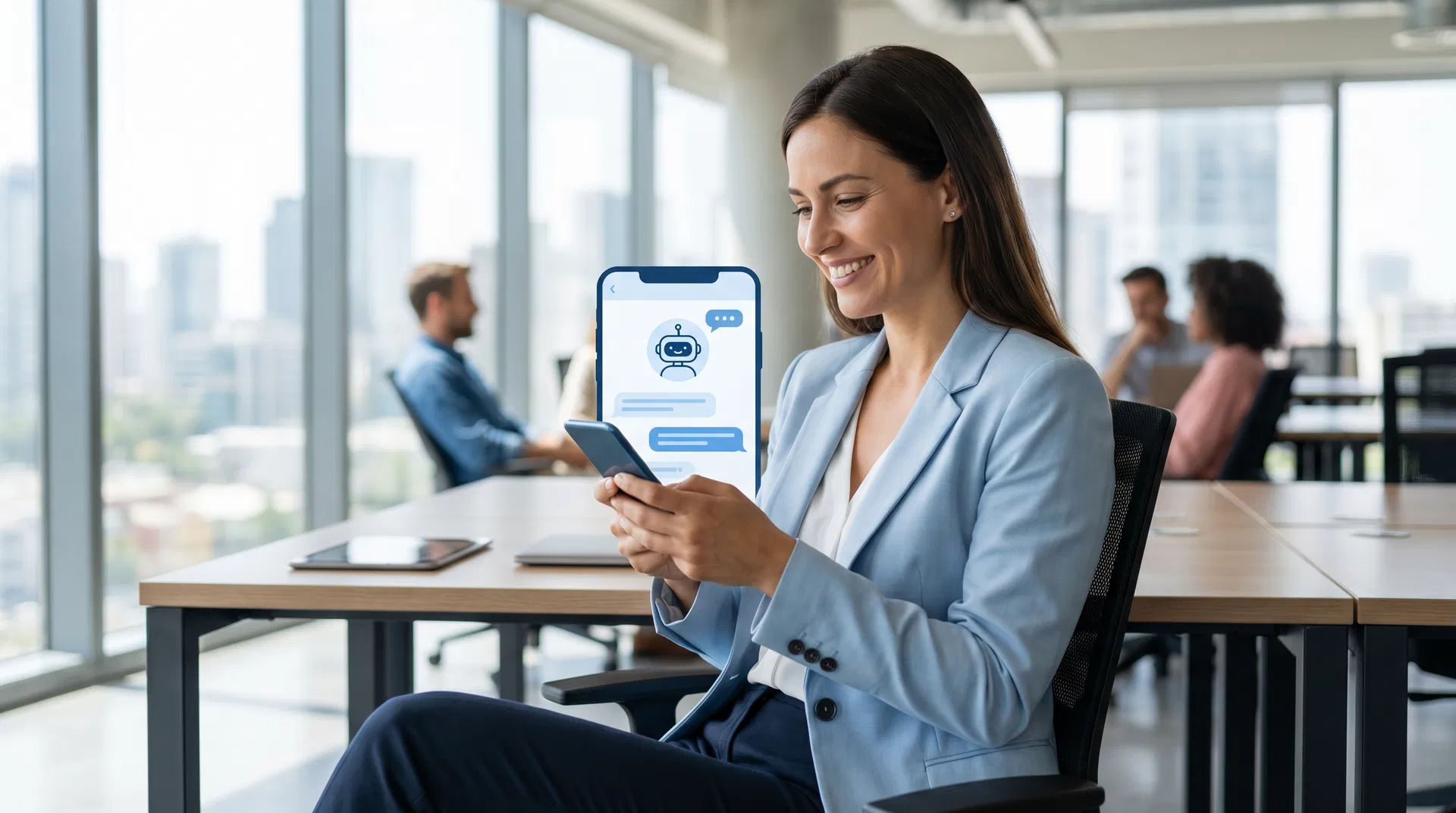 Employee using mobile phone to access HR self-service portal at work