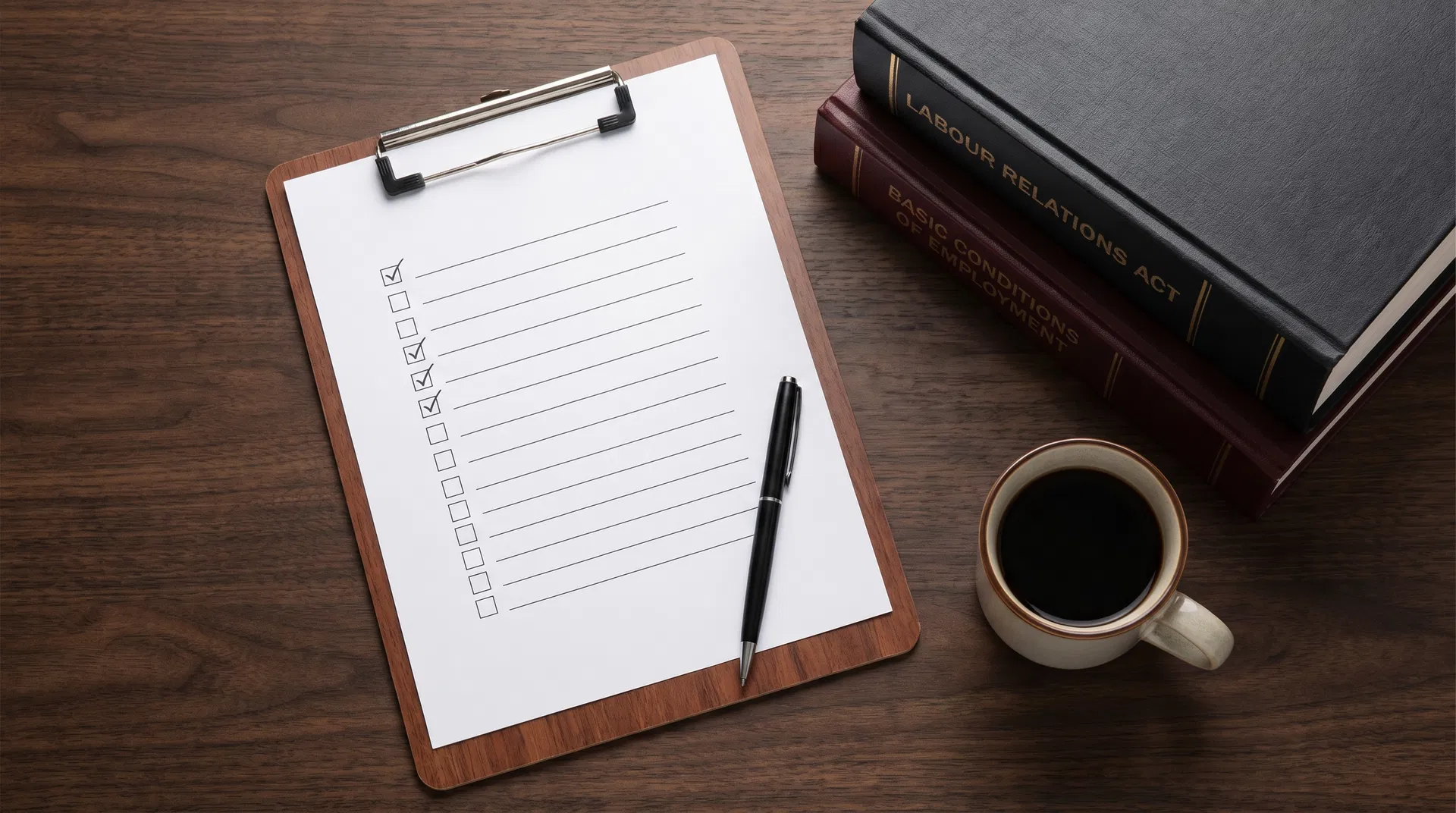 HR compliance checklist and South African labour law documents on a desk