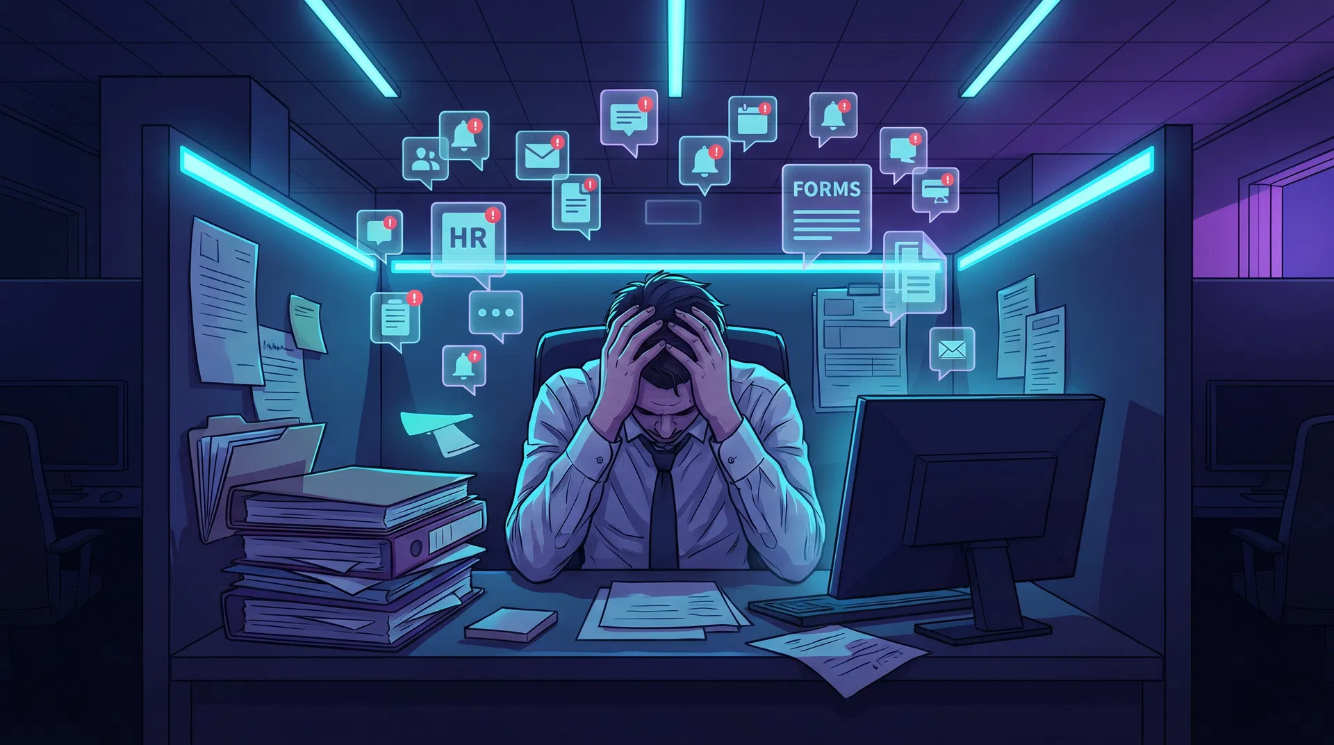 Business owner looking stressed at desk surrounded by HR paperwork and interruptions