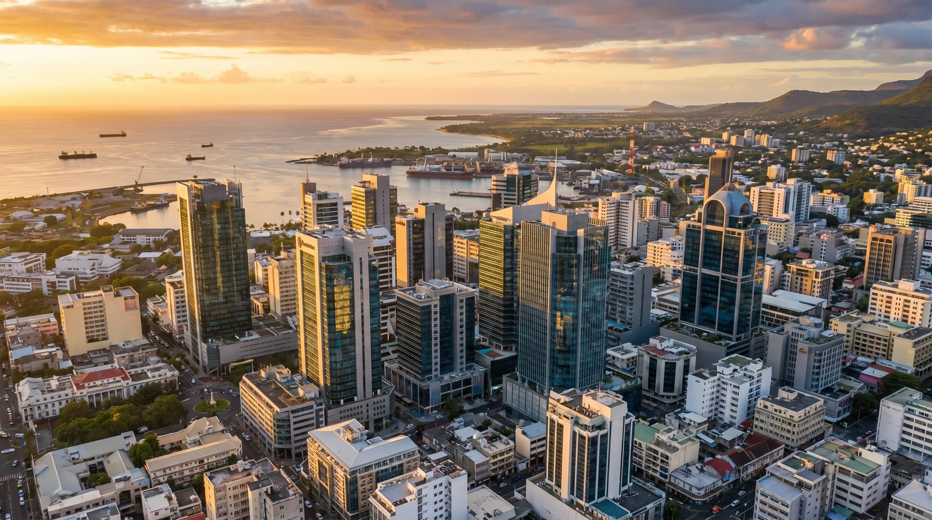 Mauritius business district with modern office buildings representing professional HR compliance