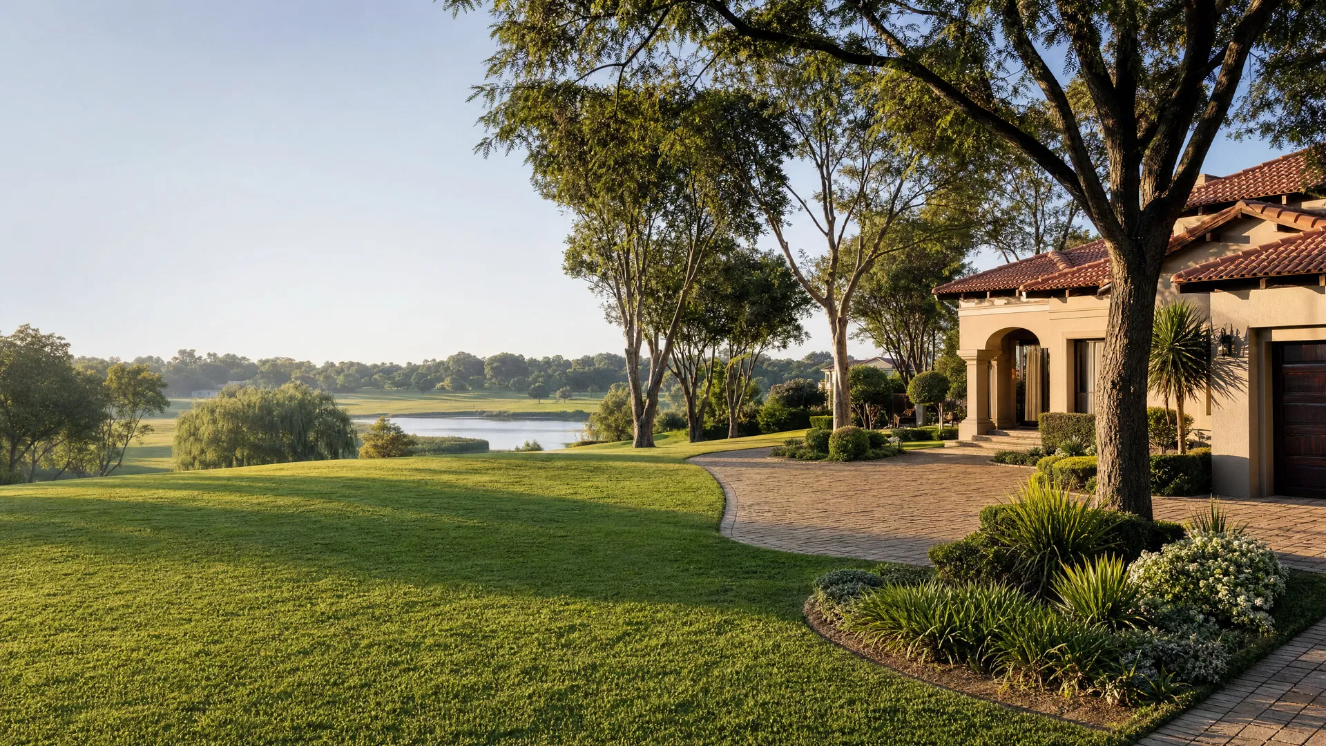 Manicured Cedar Lakes-style estate garden with lawn, trees and lake