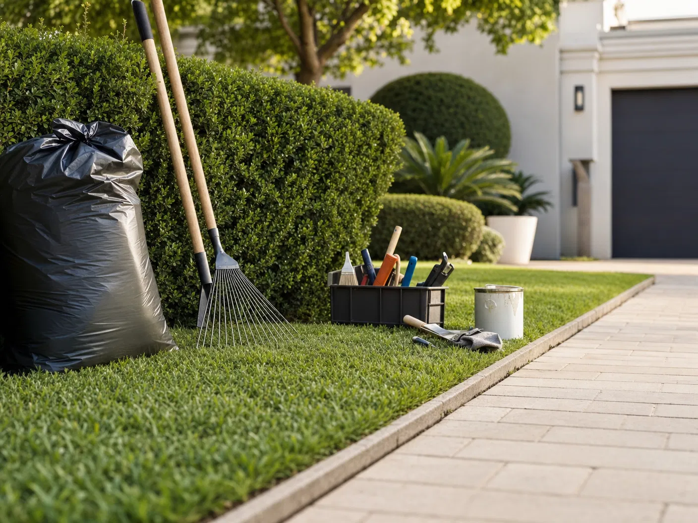 Garden tools, neat hedge and refuse bag after garden maintenance