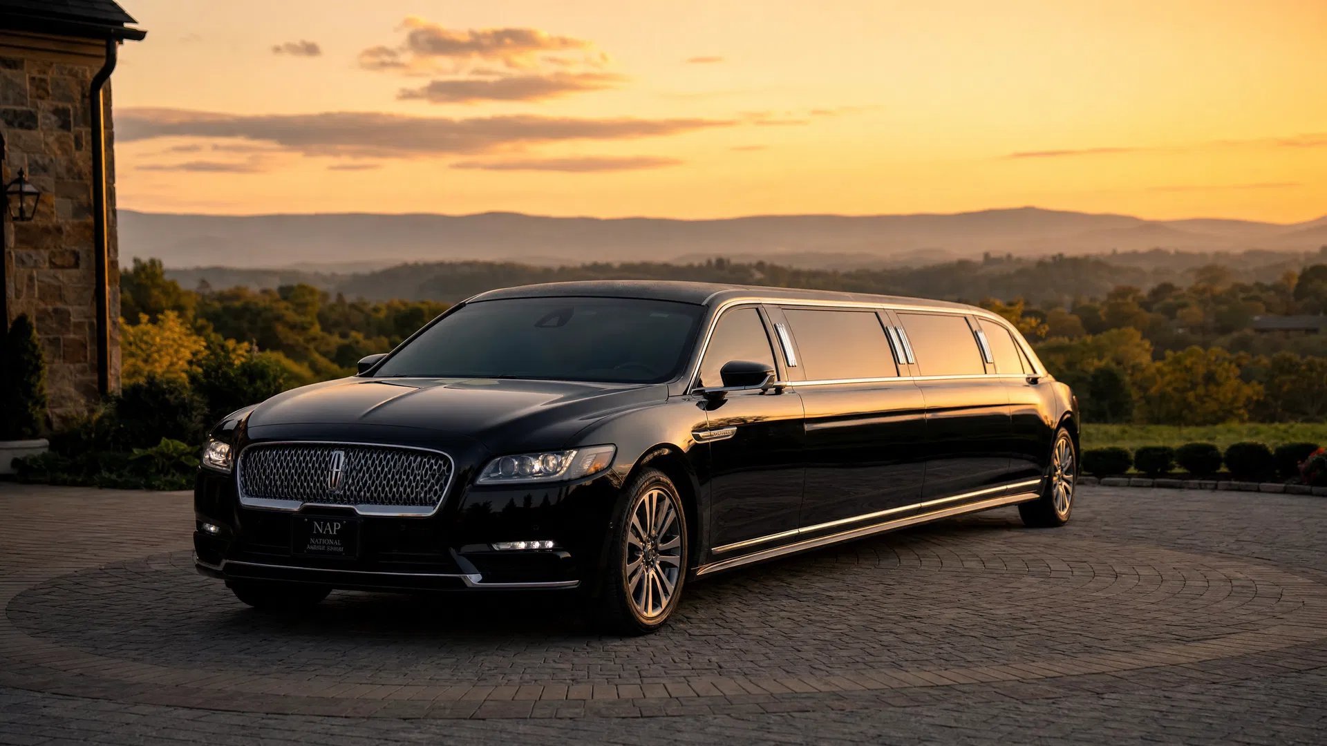 Ambassador Limousine luxury vehicle at sunset in Charlottesville Virginia
