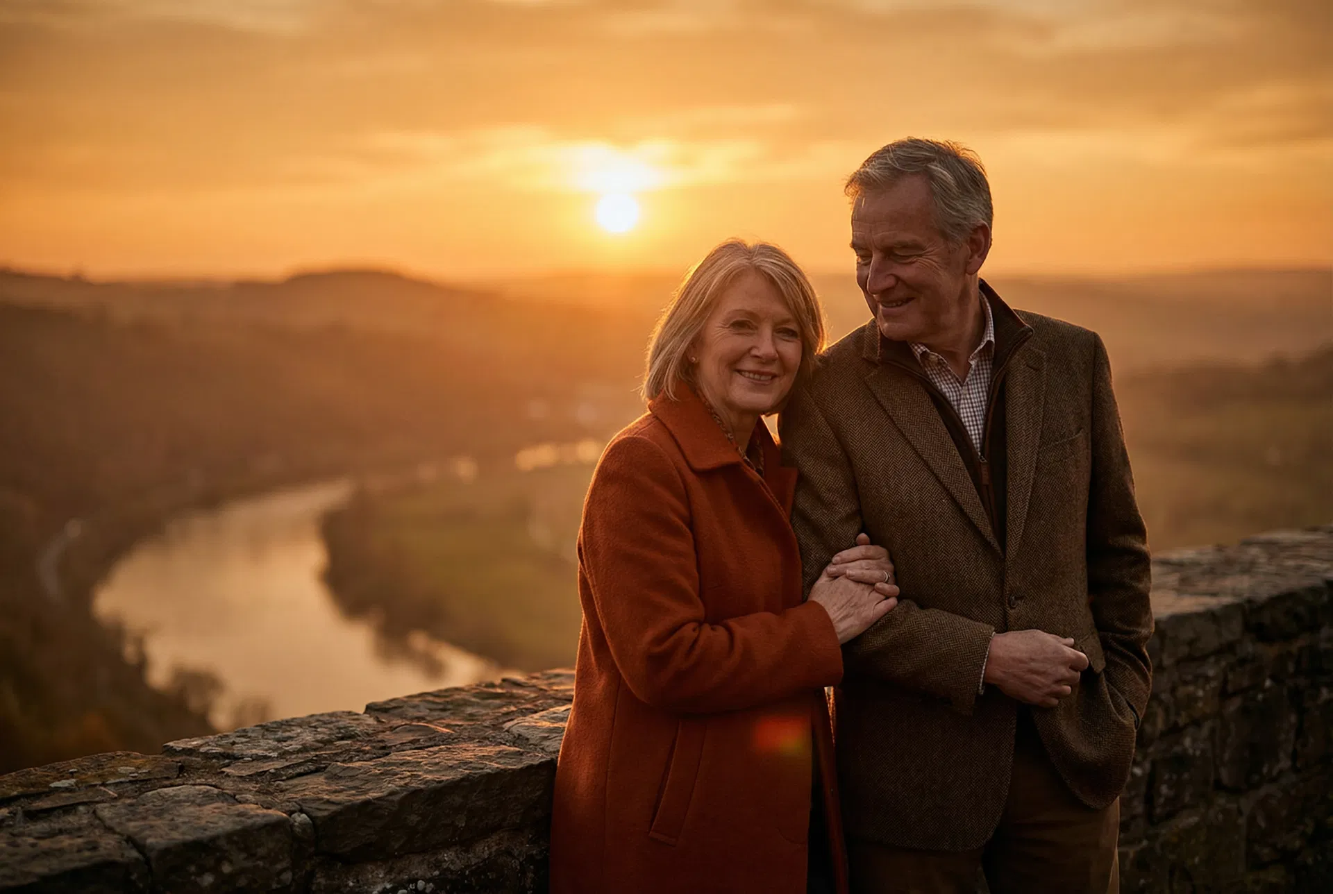 Happy retired couple at sunset