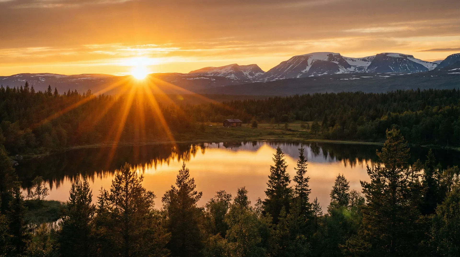Middernachtzon boven het Tornemeer in Abisko, Zweden