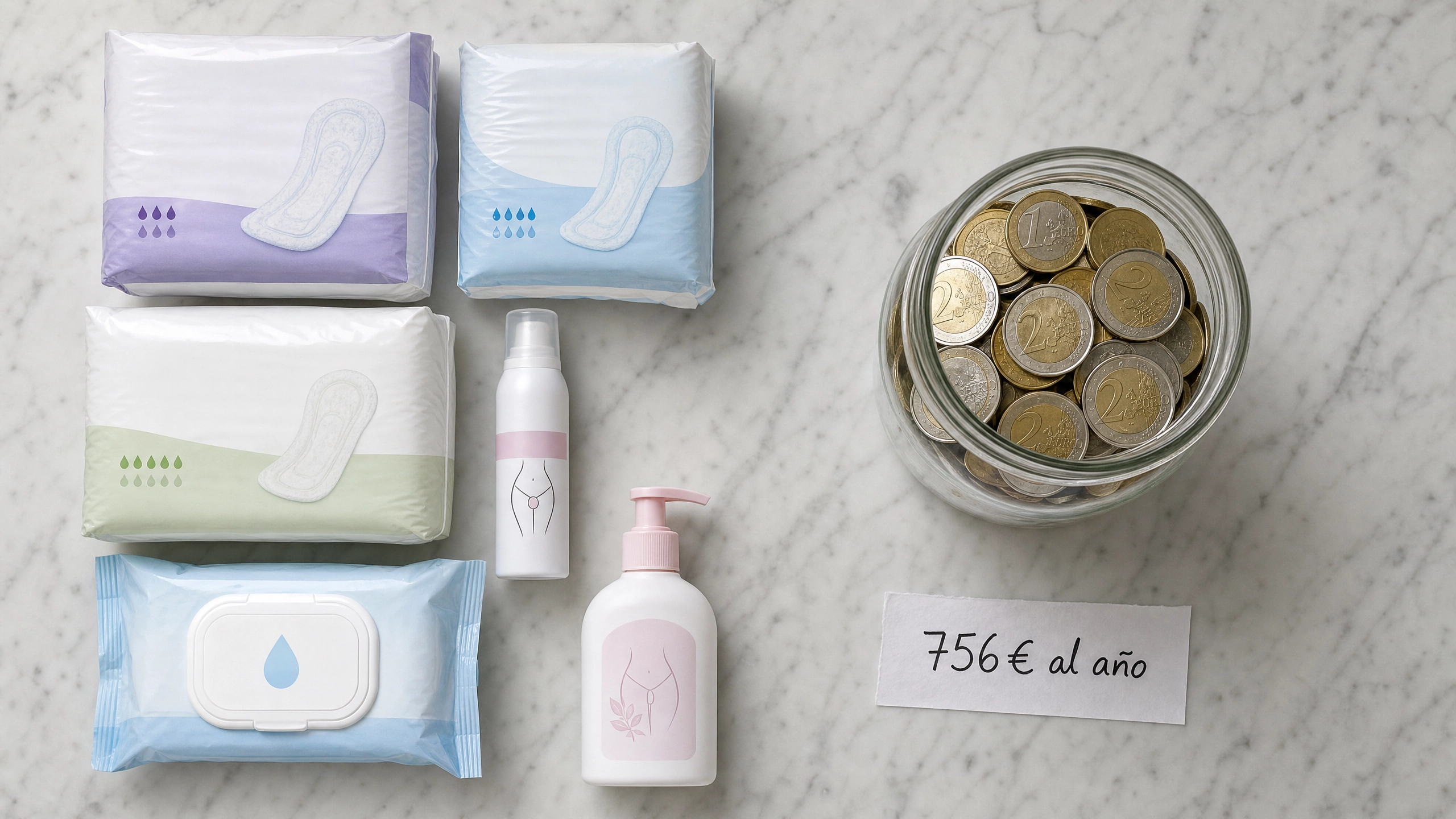 Productos de higiene íntima junto a tarro de monedas de euro: 756€ al año
