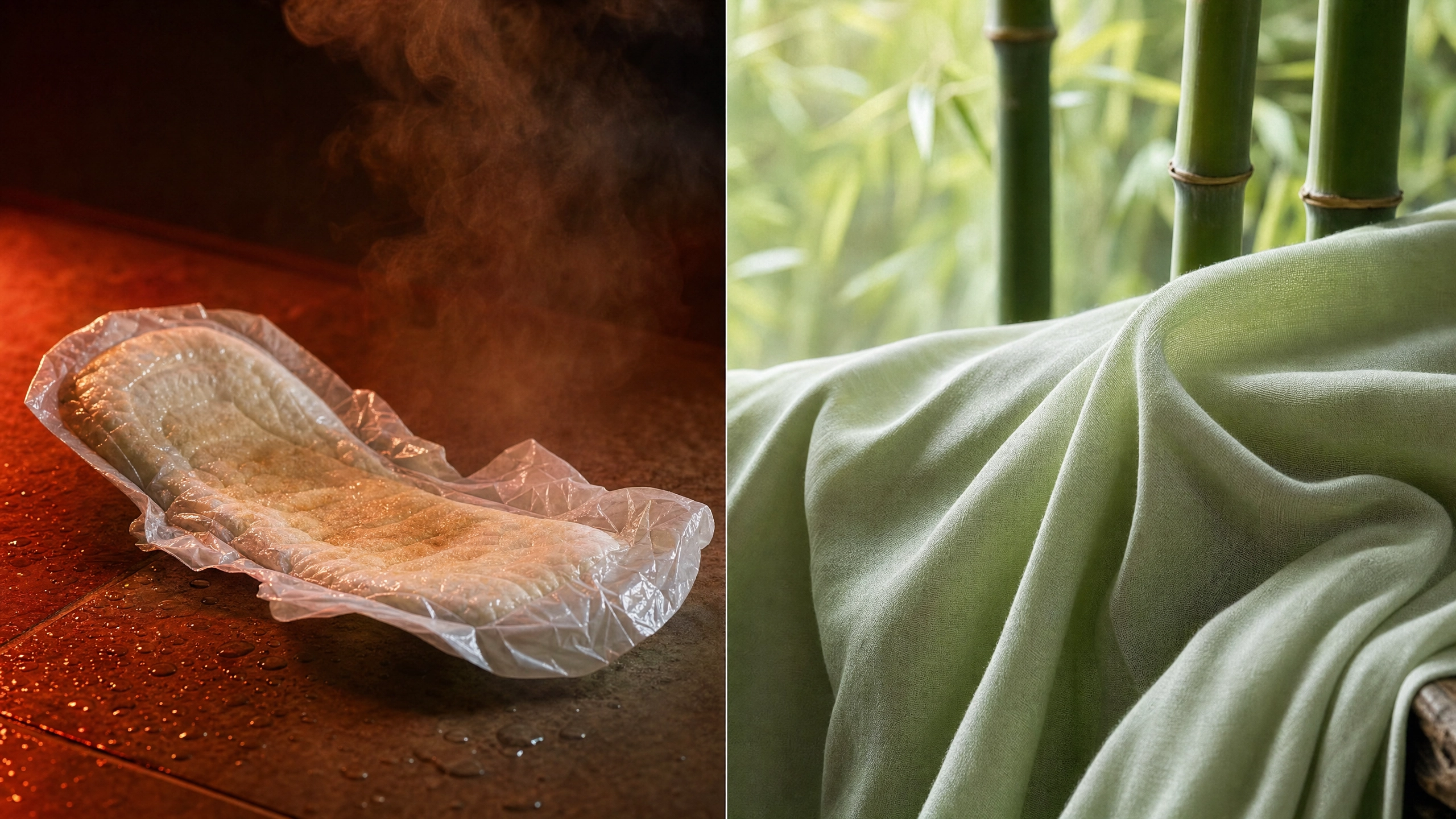 Comparativa: compresa de plástico con calor atrapado vs tejido de bambú fresco y transpirable