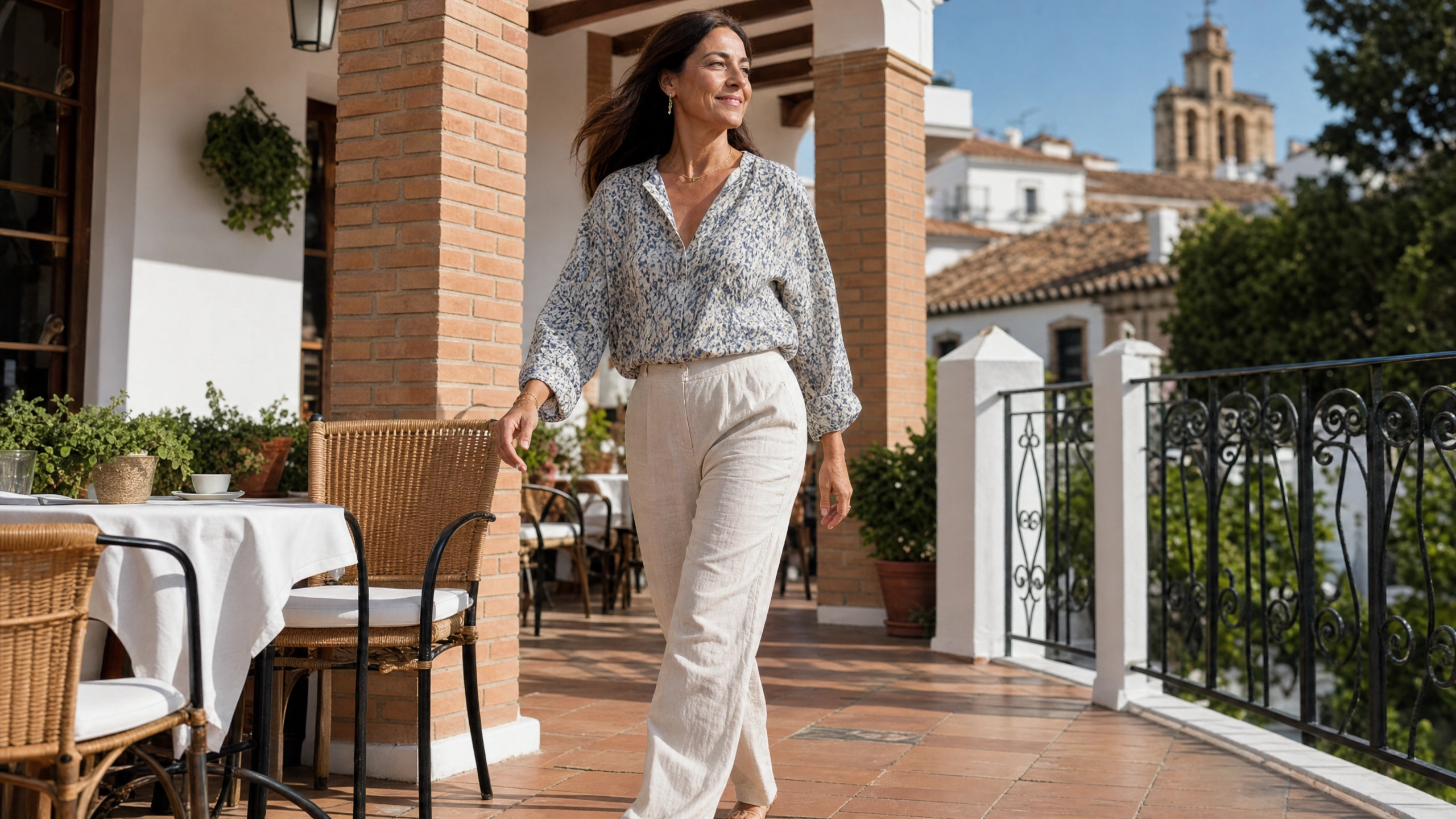Mujer caminando con pantalón claro sin mirar atrás, completamente libre