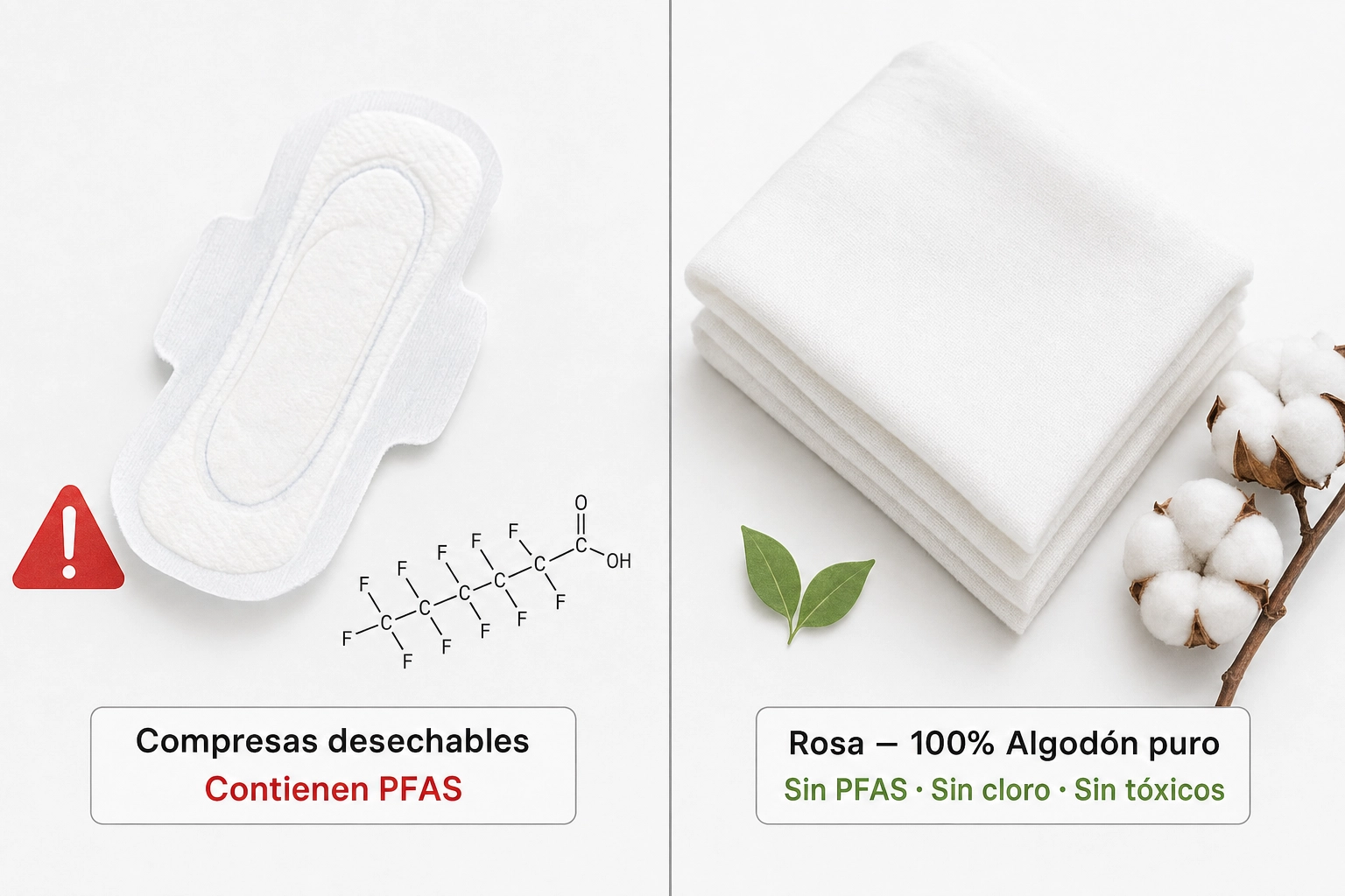 Compresas con PFAS vs algodón puro Rosa