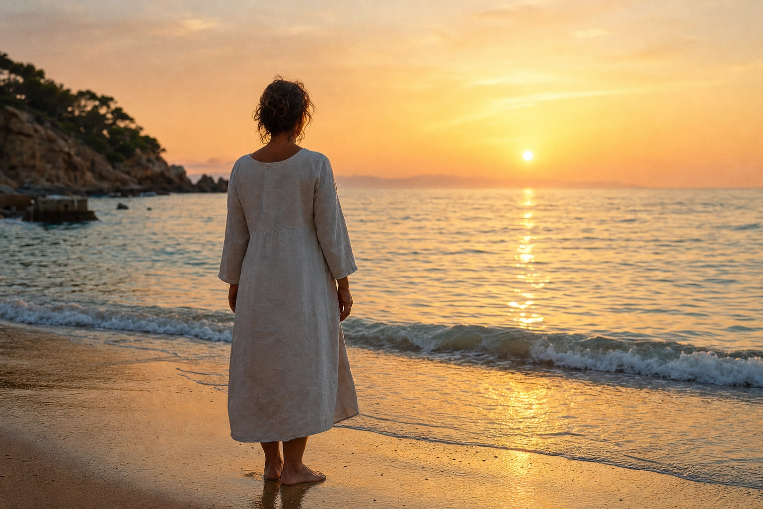 Mujer mirando el mar desde la orilla, de espaldas, al atardecer