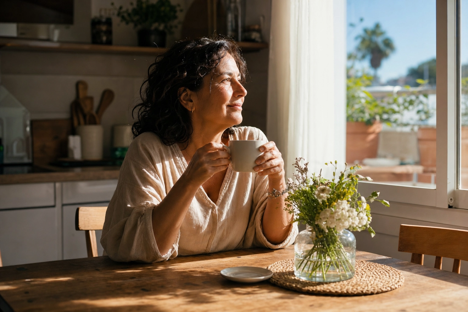 Mujer tomando café tranquila por la mañana, sin planificar nada