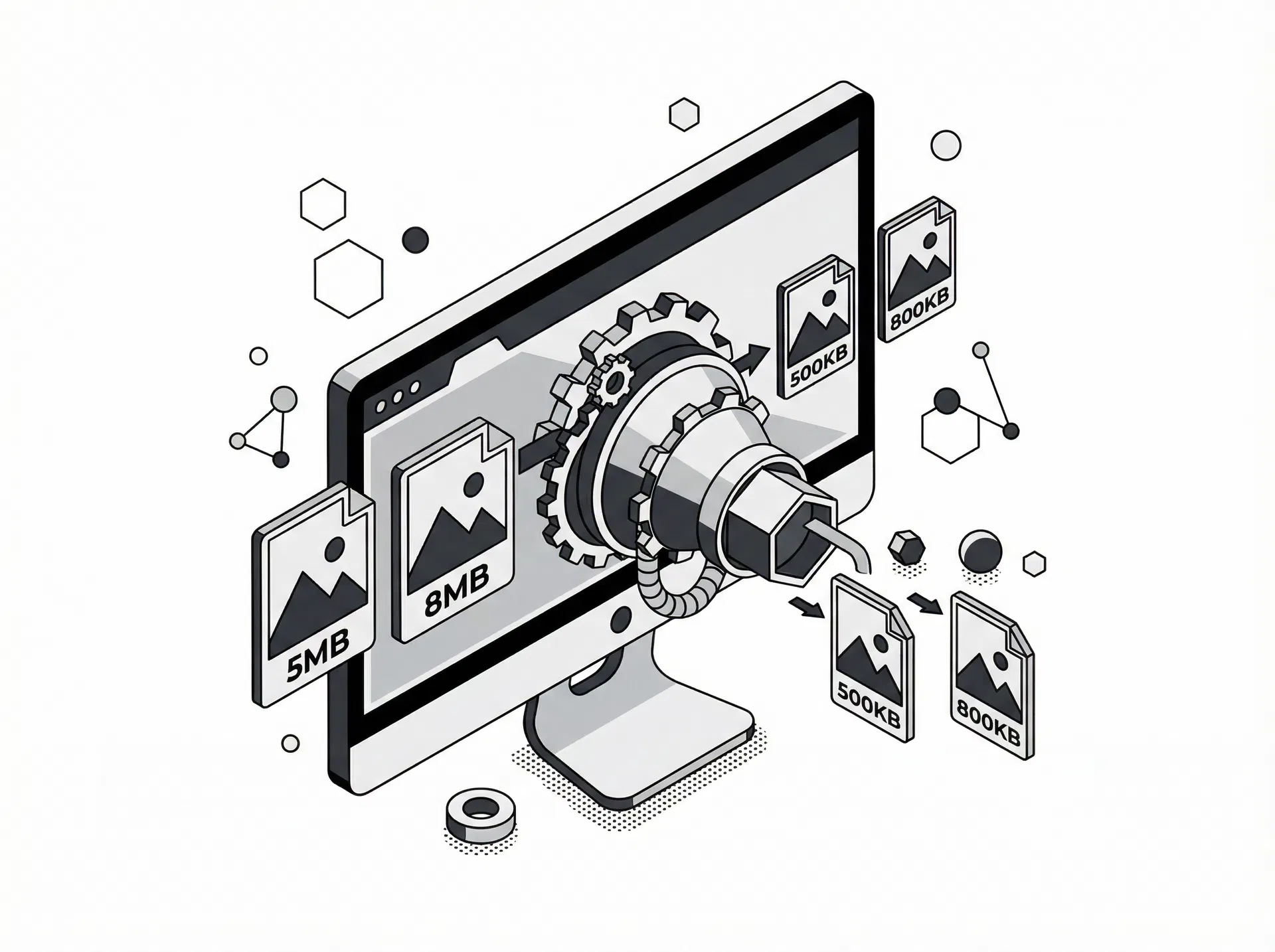 Image compression illustration showing original files being compressed to smaller sizes