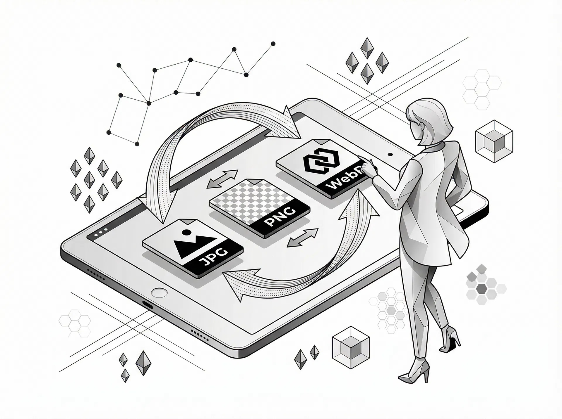 Format conversion illustration showing JPG PNG WebP conversion