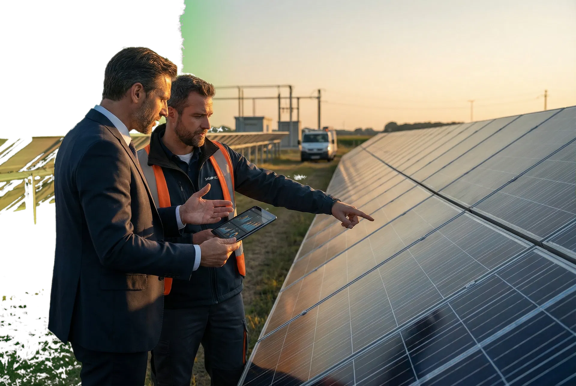 Two professionals reviewing a solar installation
