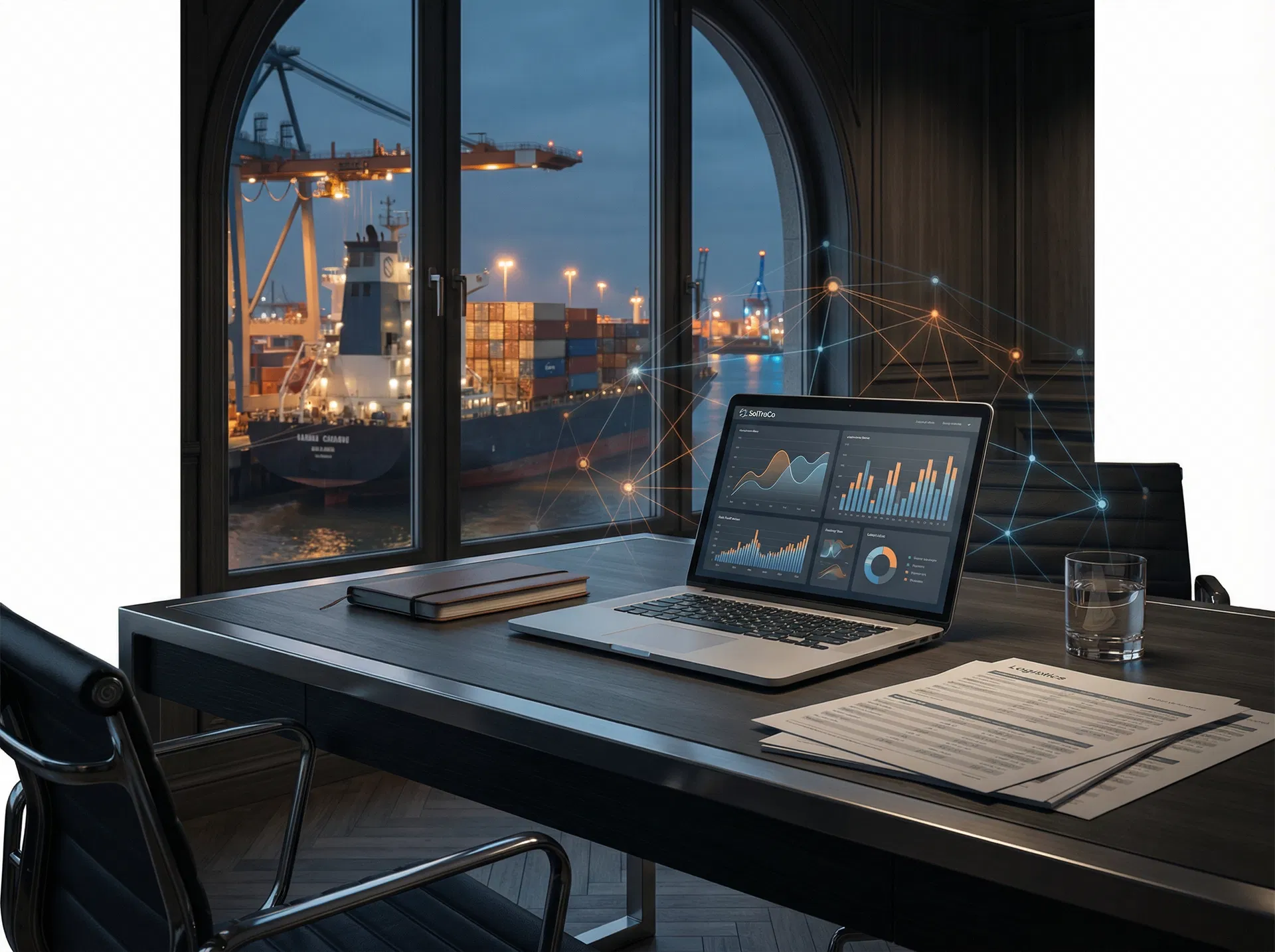 Market intelligence desk overlooking a port