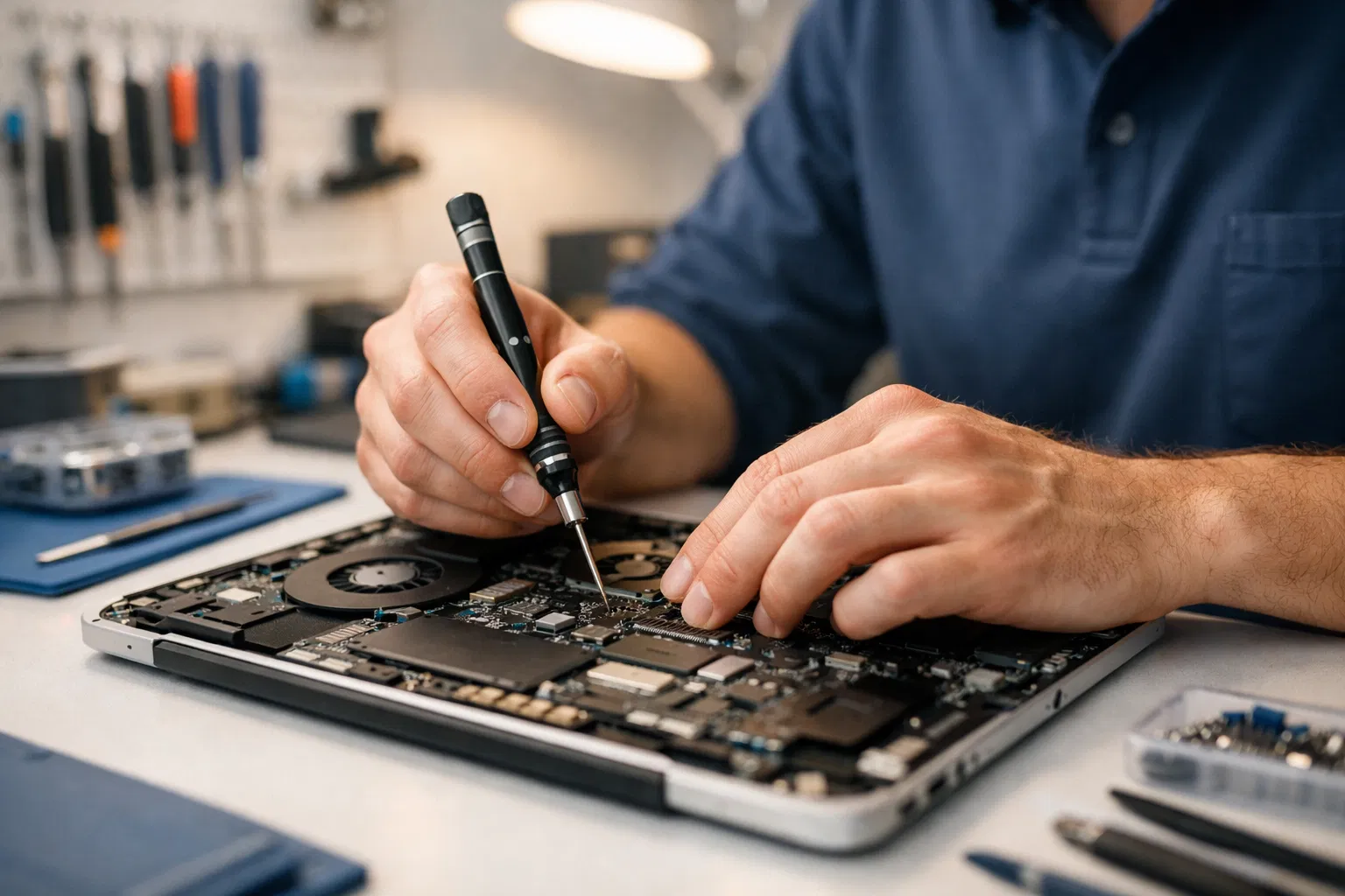 Expert technician repairing a laptop