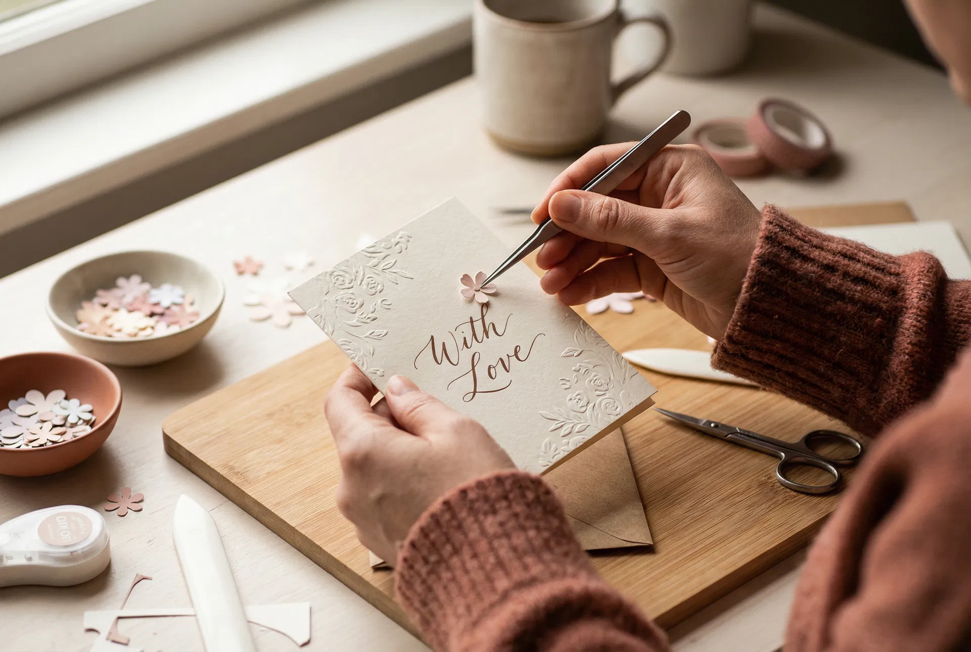 Hands crafting a handmade card with embossed details