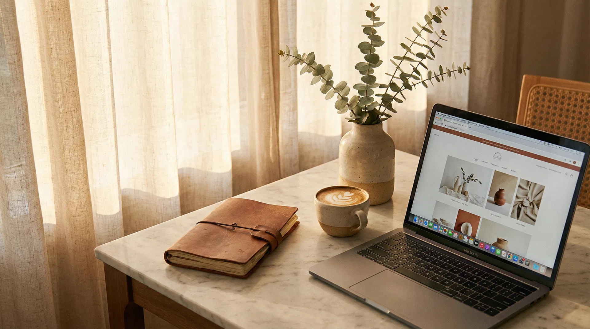 Creative workspace with journal, coffee, and eucalyptus