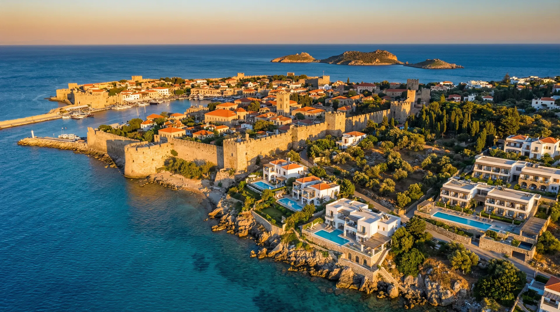 Aerial view of Rhodes coastline at golden hour